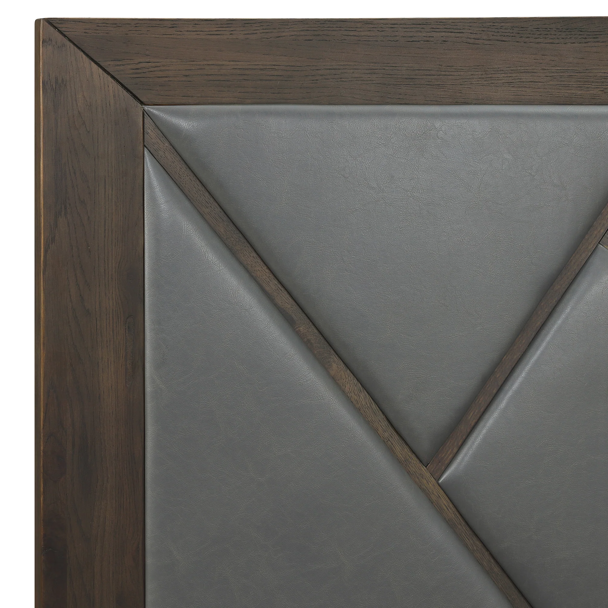 Marquis King Size Platform Bed Frame in Oak Wood with Faux Leather Headboard and Black Metal Legs By Armen Living - Image 7