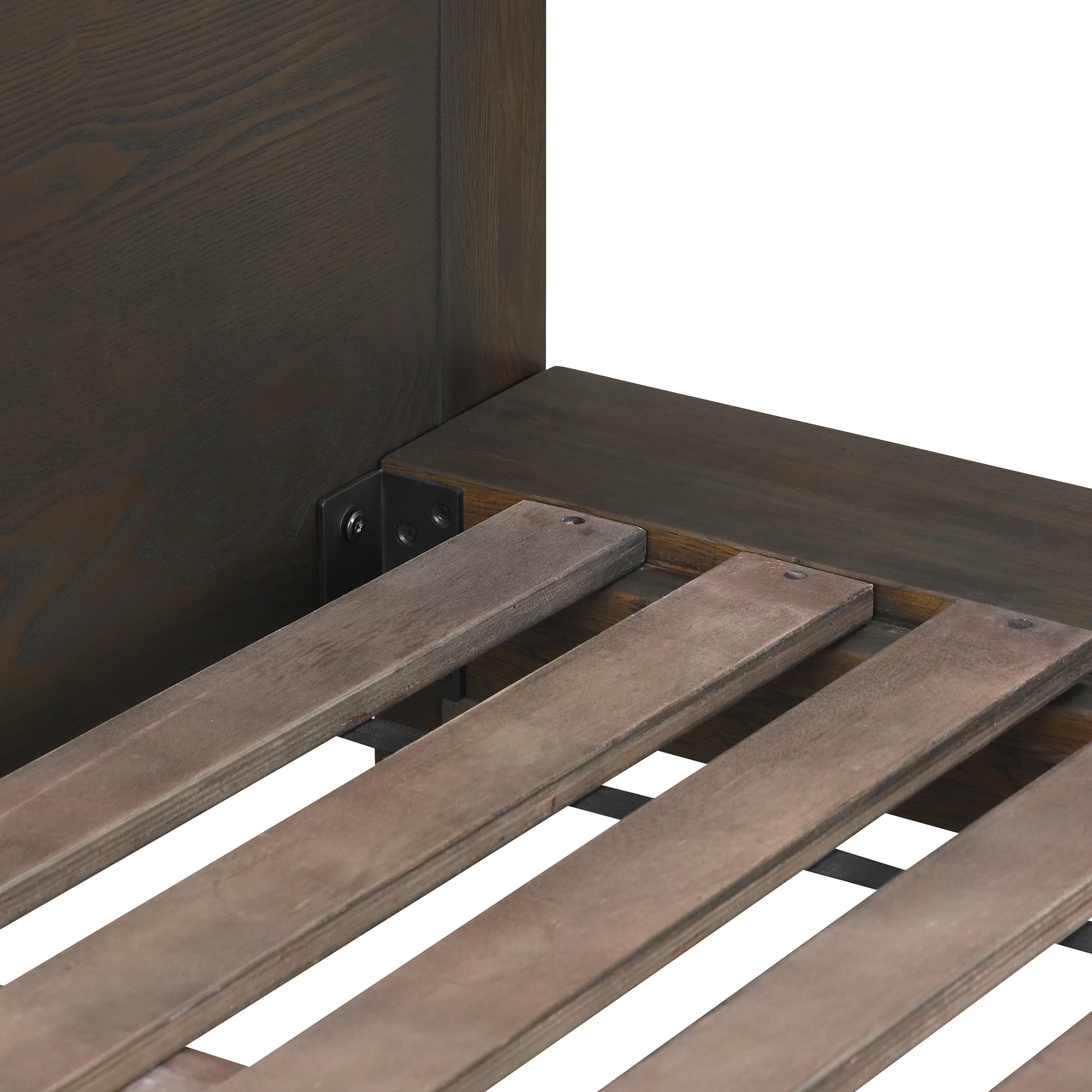 Marquis King Size Platform Bed Frame in Oak Wood with Faux Leather Headboard and Black Metal Legs By Armen Living - Image 8