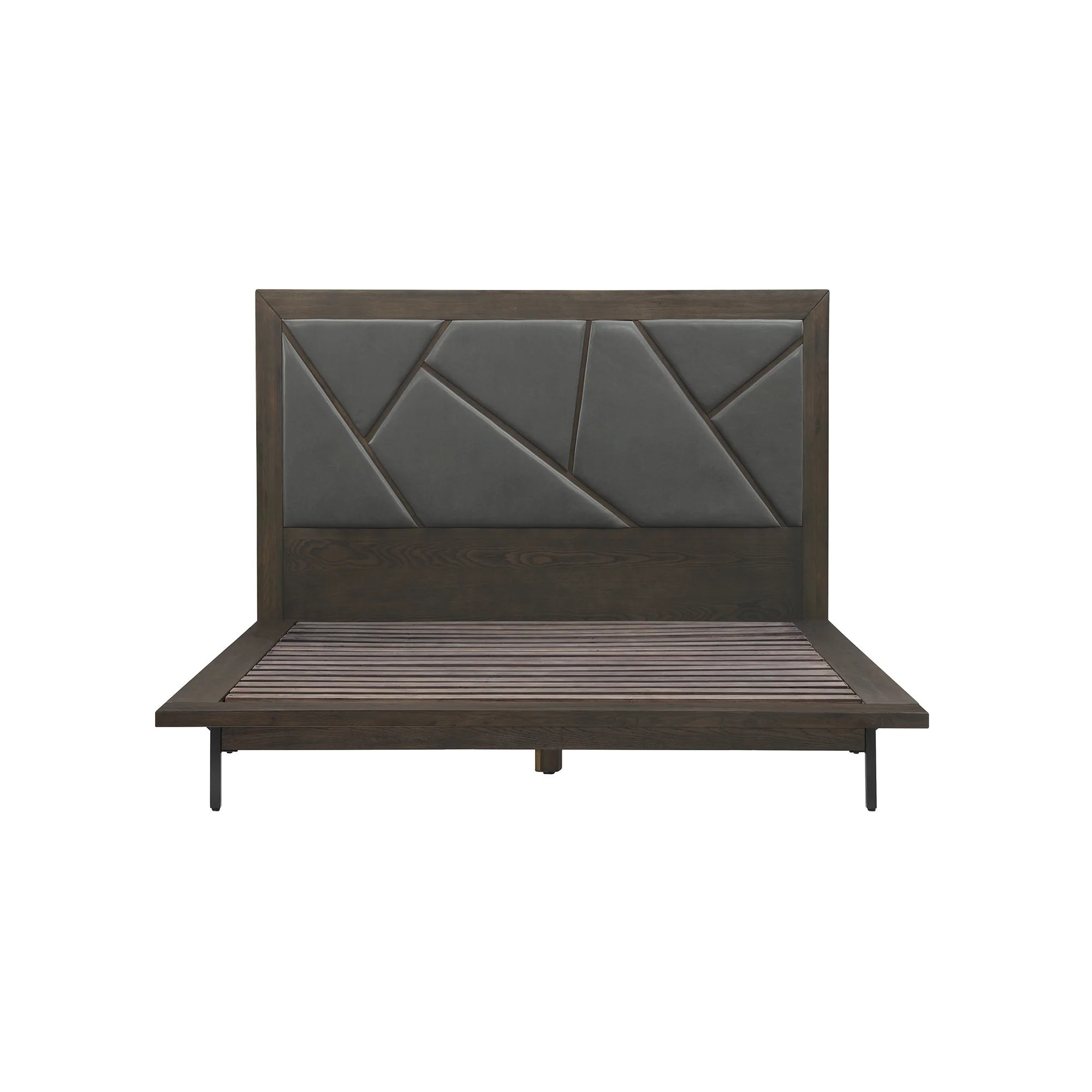 Marquis Queen Size Platform Bed Frame in Oak Wood with Faux Leather Headboard and Black Metal Legs By Armen Living - Image 2
