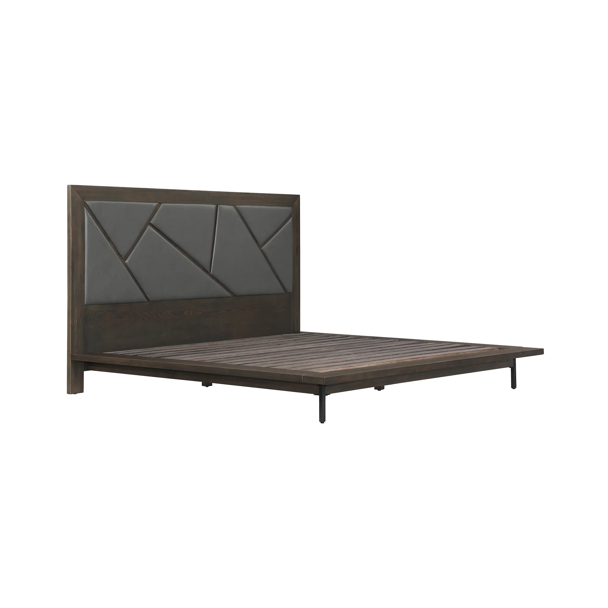 Marquis Queen Size Platform Bed Frame in Oak Wood with Faux Leather Headboard and Black Metal Legs By Armen Living - Image 4