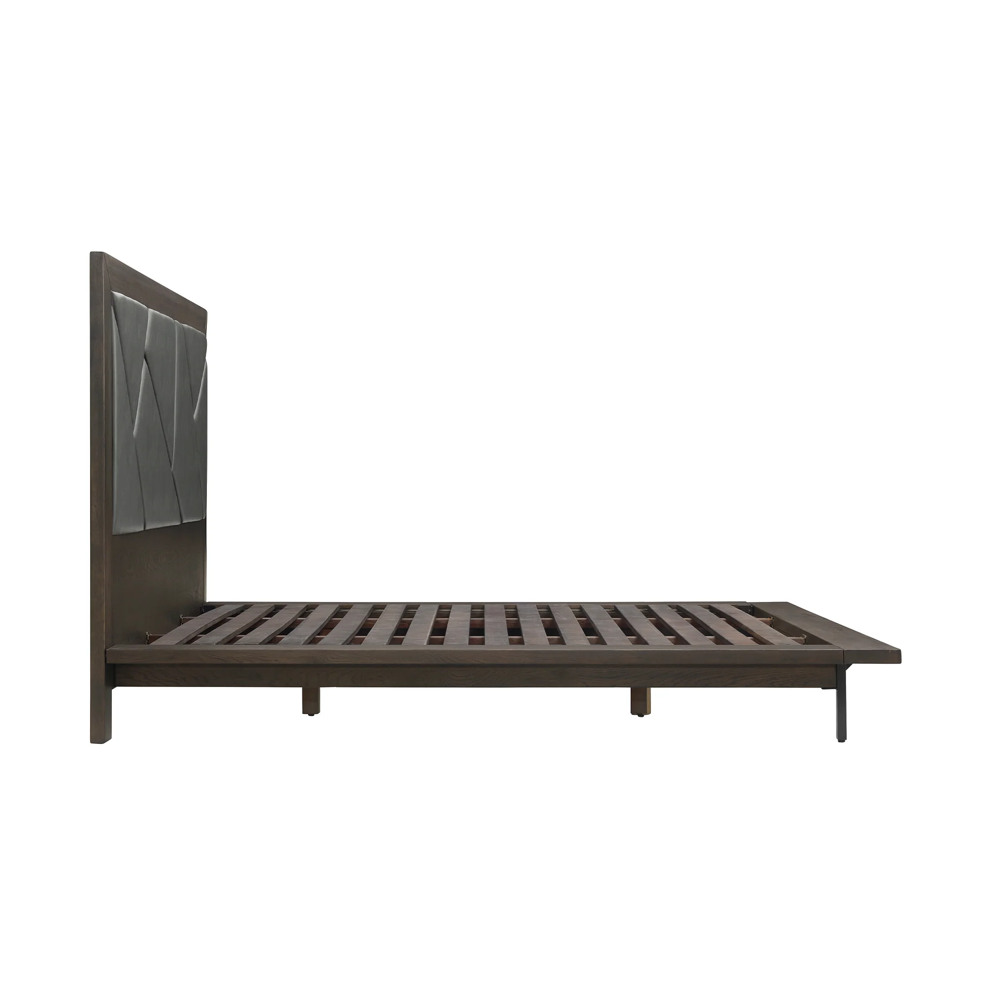Marquis Queen Size Platform Bed Frame in Oak Wood with Faux Leather Headboard and Black Metal Legs By Armen Living - Image 5