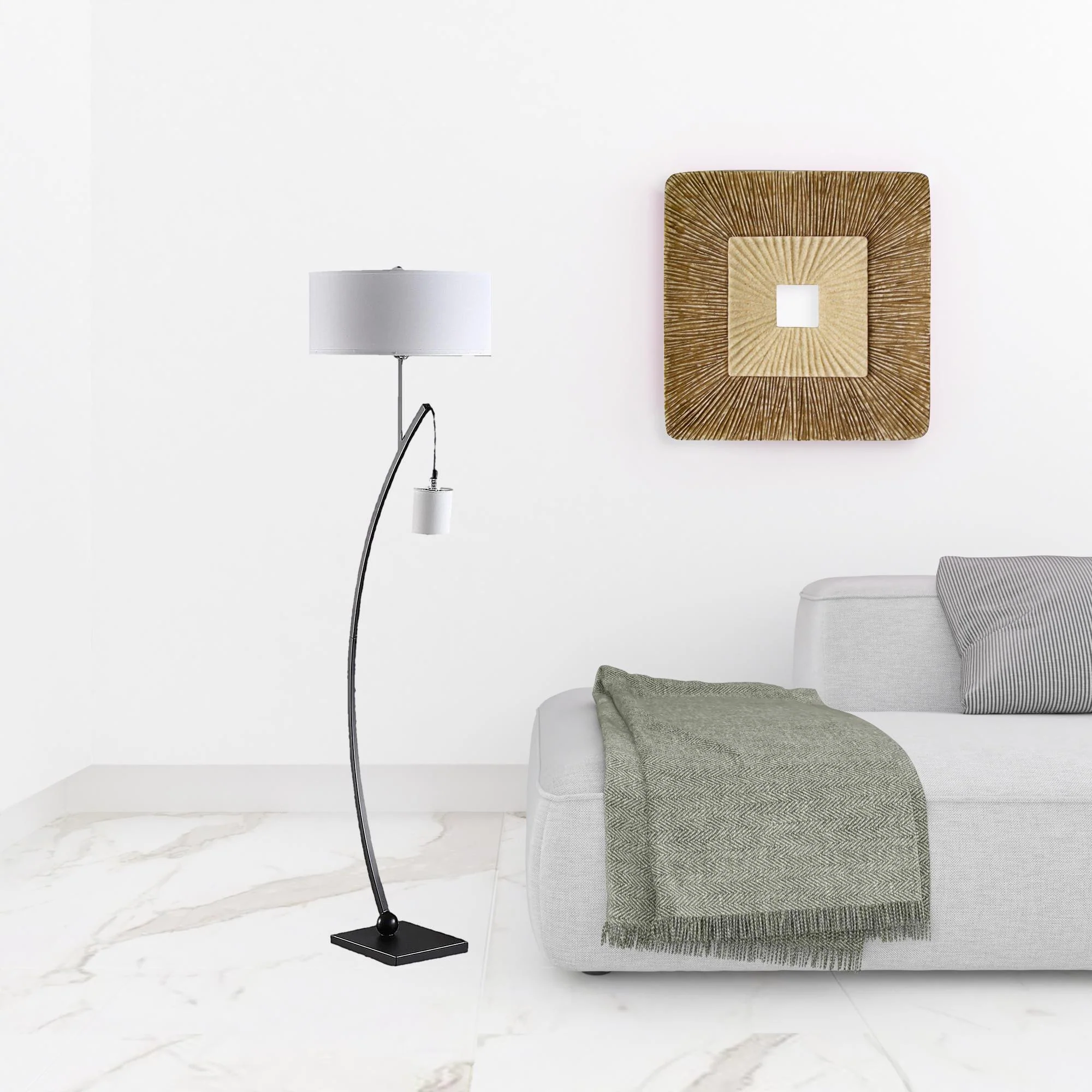 Matte Black Dual Arc Floor Lamp With White Drum Shade By Homeroots - Image 3