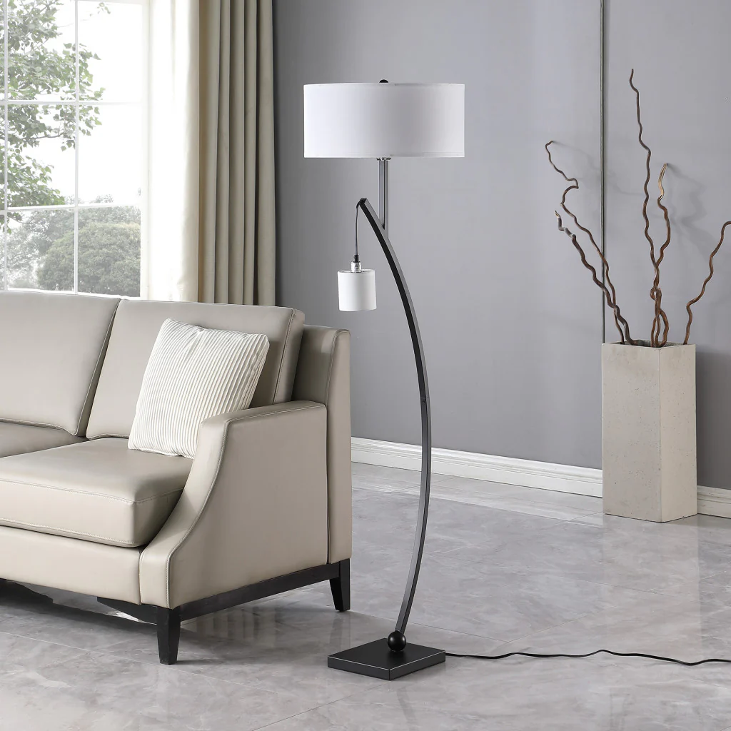 Matte Black Dual Arc Floor Lamp With White Drum Shade By Homeroots - Image 4