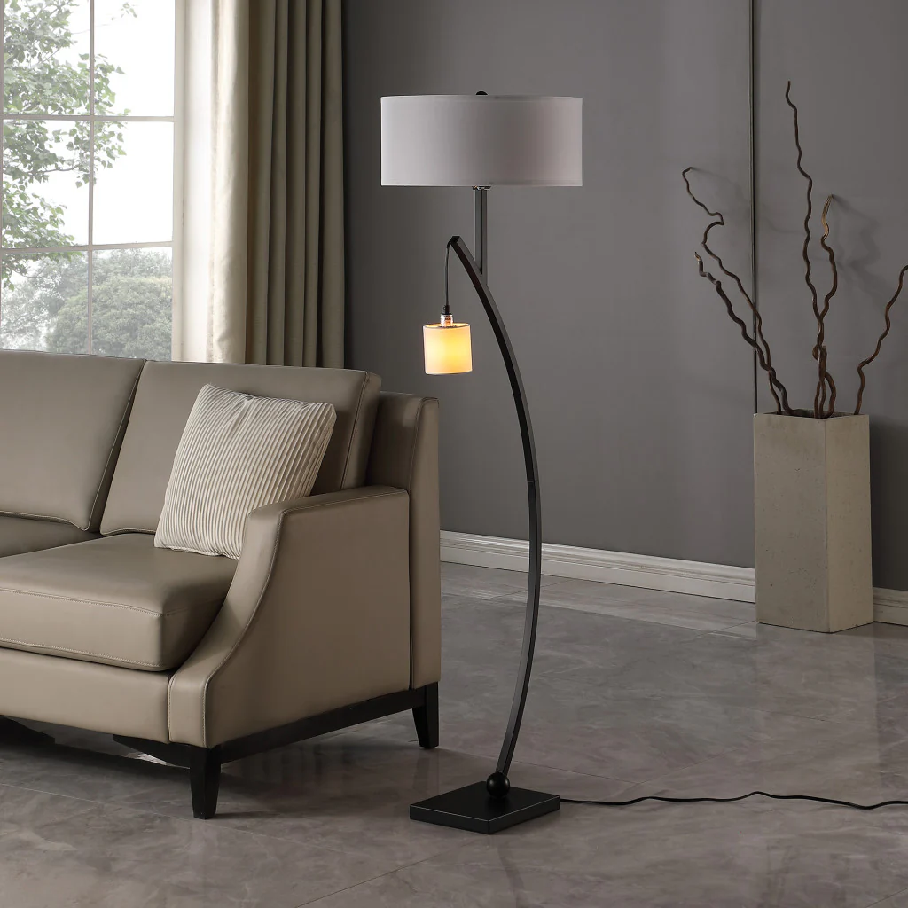 Matte Black Dual Arc Floor Lamp With White Drum Shade By Homeroots - Image 5