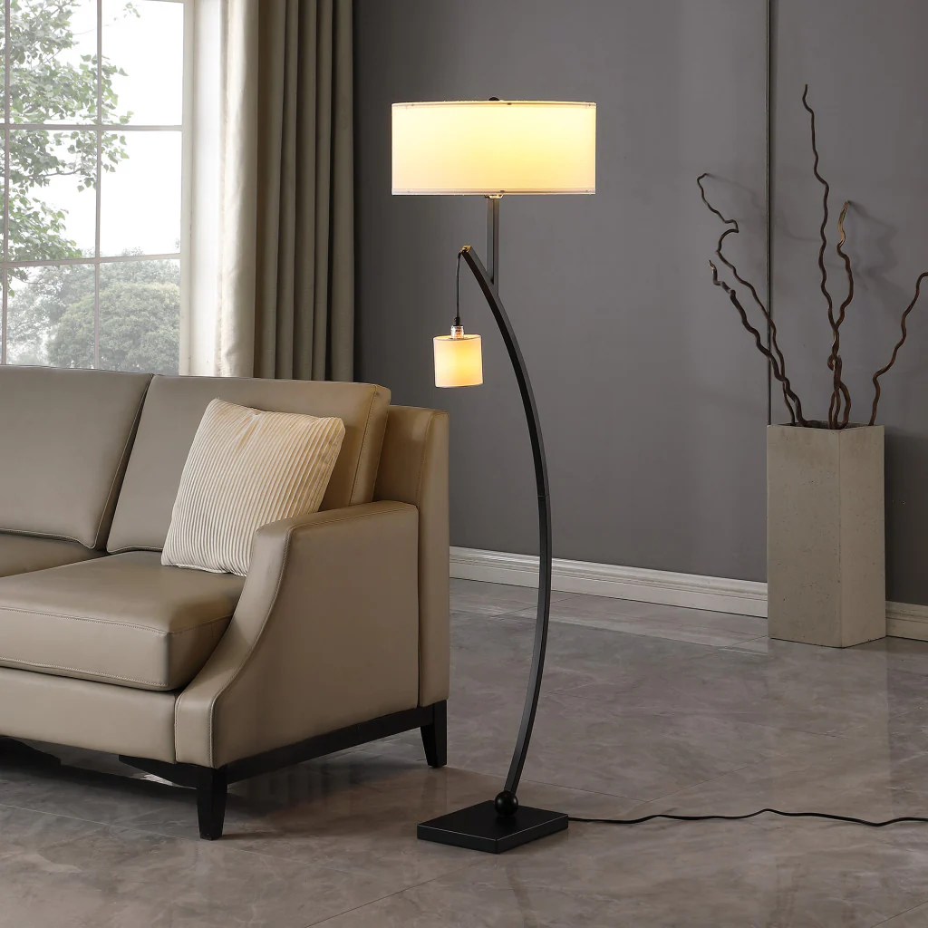 Matte Black Dual Arc Floor Lamp With White Drum Shade By Homeroots - Image 6