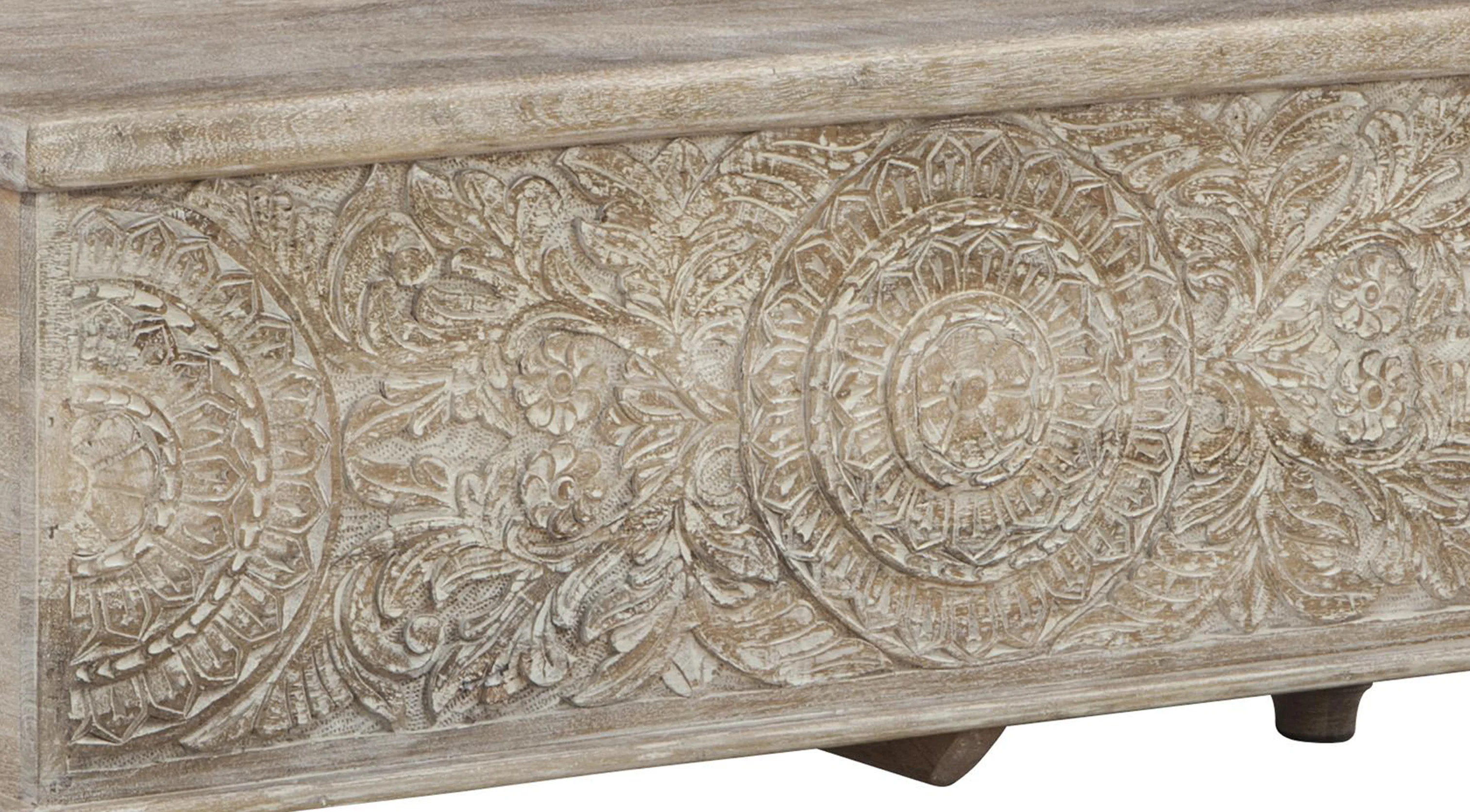 Medallion Pattern Wooden Storage Bench With Hinged Opening, White By Benzara - Image 3