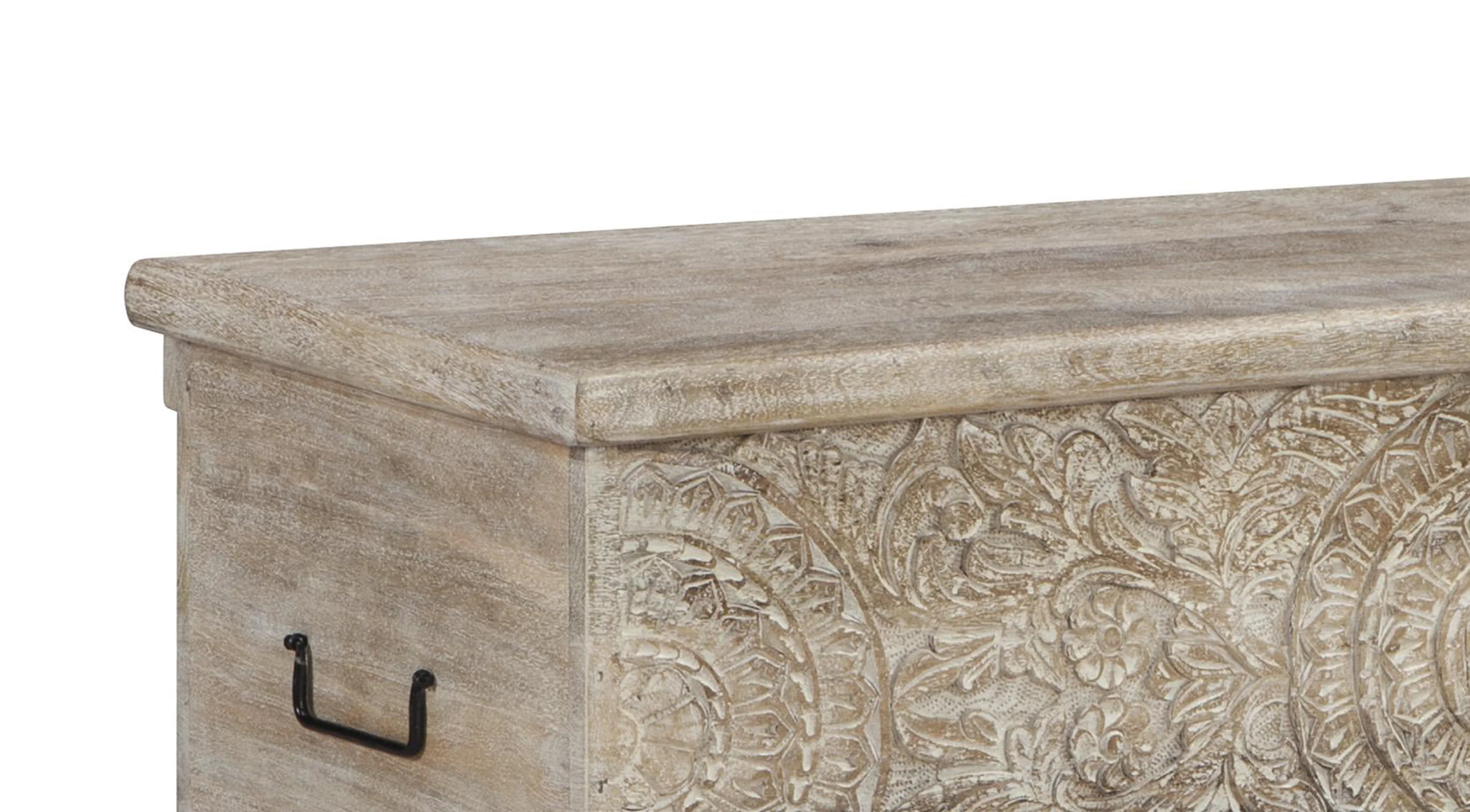 Medallion Pattern Wooden Storage Bench With Hinged Opening, White By Benzara - Image 5