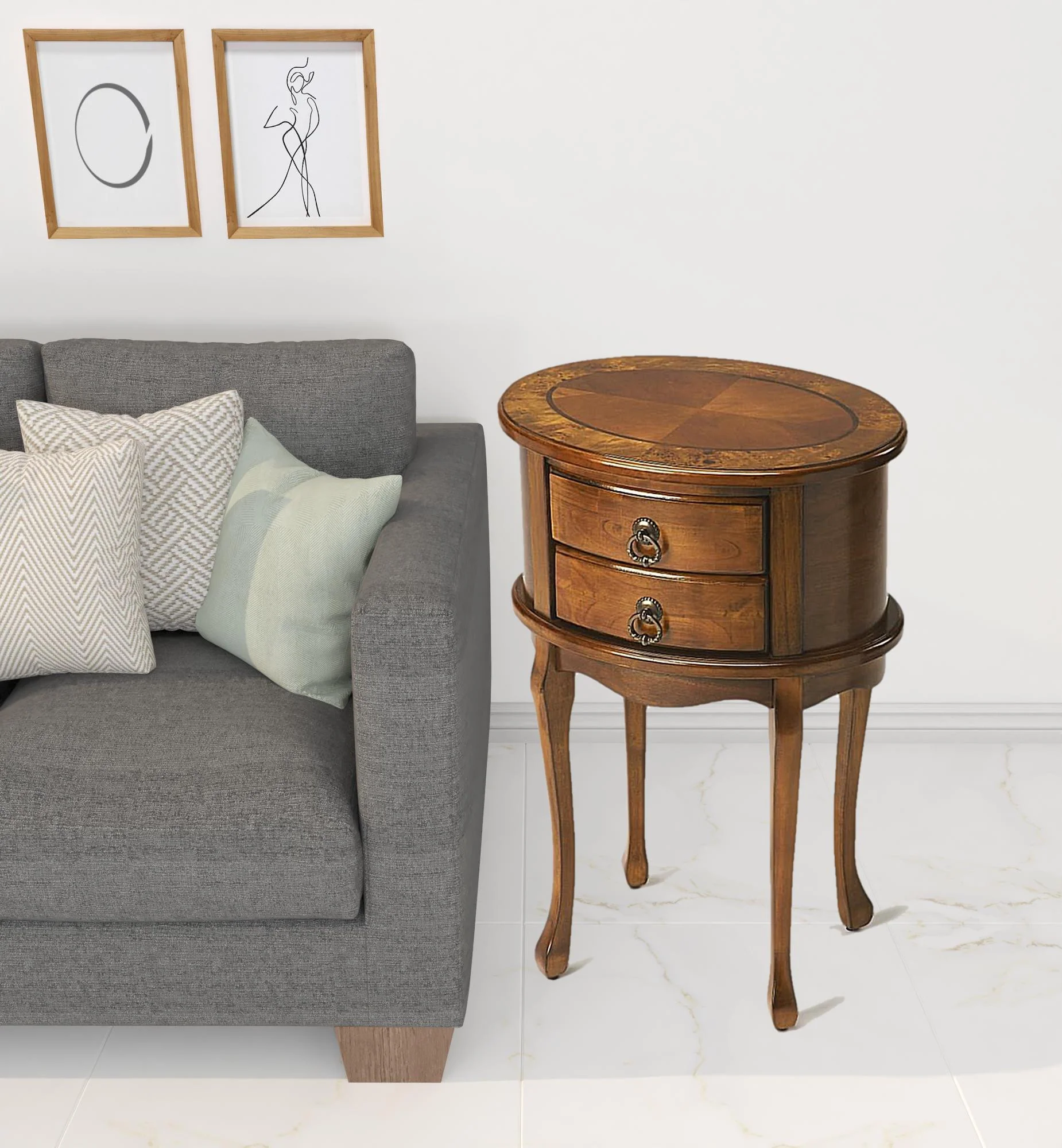 Medium Brown And Olive Ash Manufactured Wood Oval End Table With Two Drawers By Homeroots - Image 3