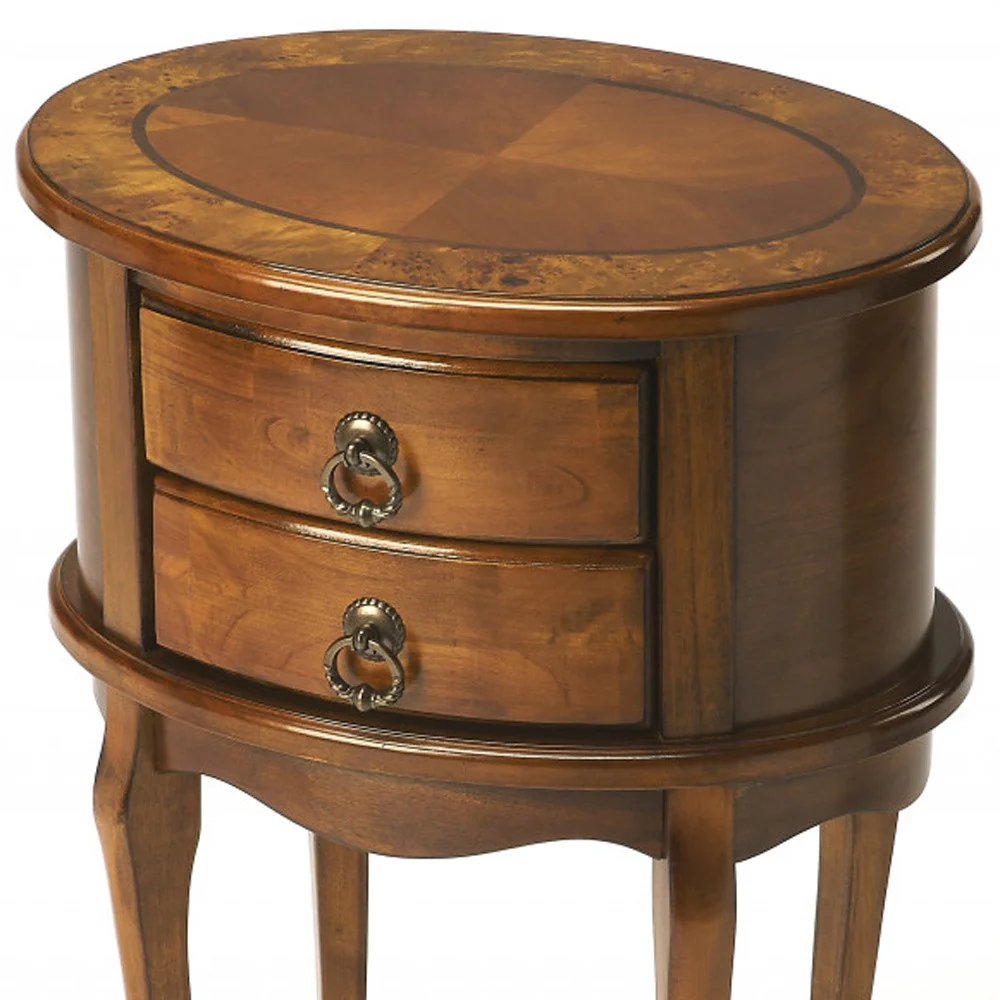 Medium Brown And Olive Ash Manufactured Wood Oval End Table With Two Drawers By Homeroots - Image 4