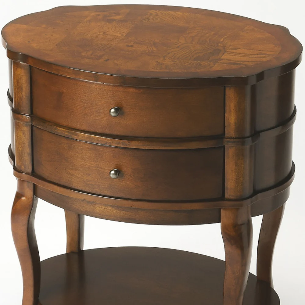 Medium Brown And Umber Solid And Manufactured Wood Oval End Table With Two Drawers And Shelf By Homeroots - Image 4