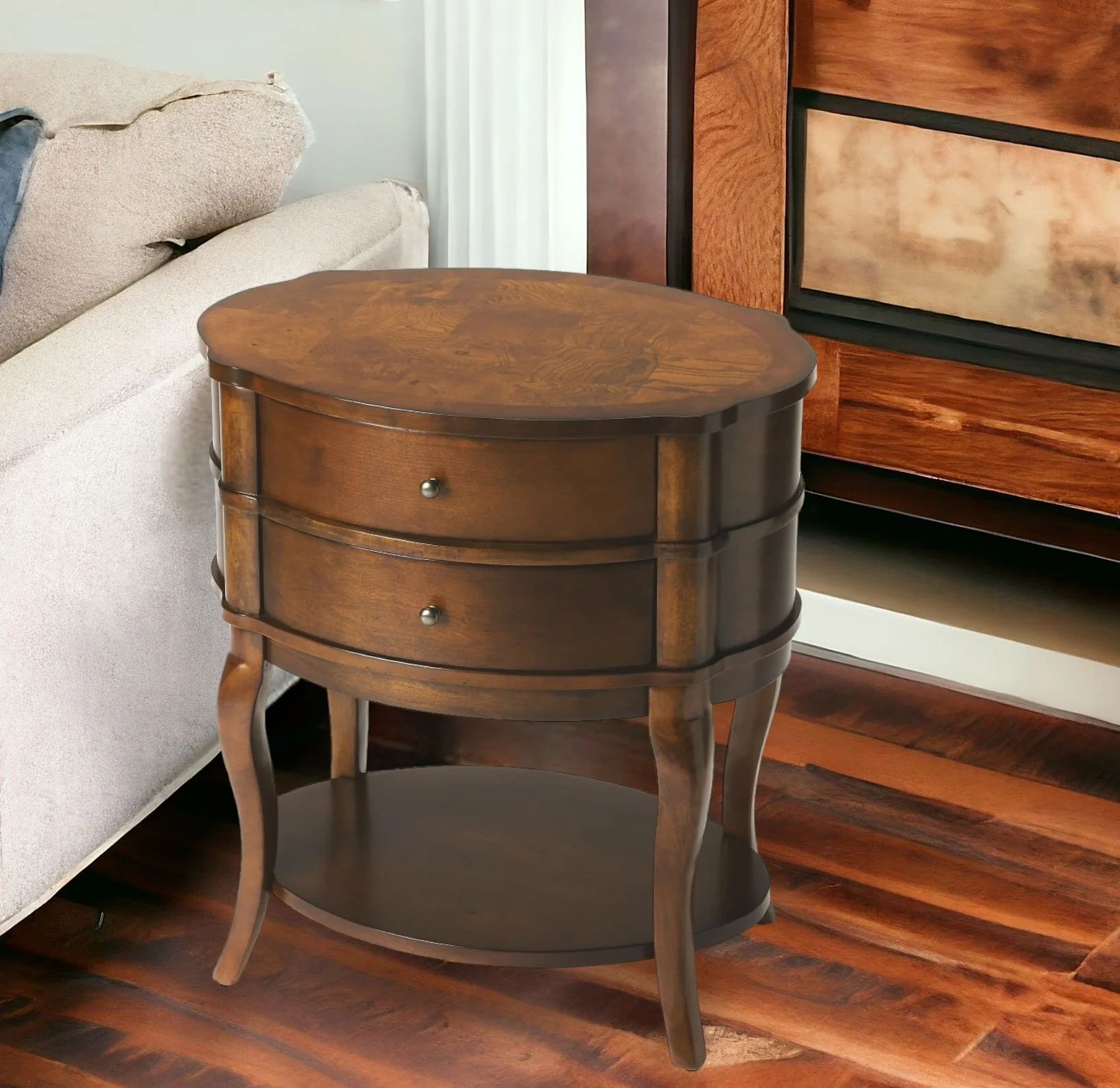 Medium Brown And Umber Solid And Manufactured Wood Oval End Table With Two Drawers And Shelf By Homeroots - Image 5