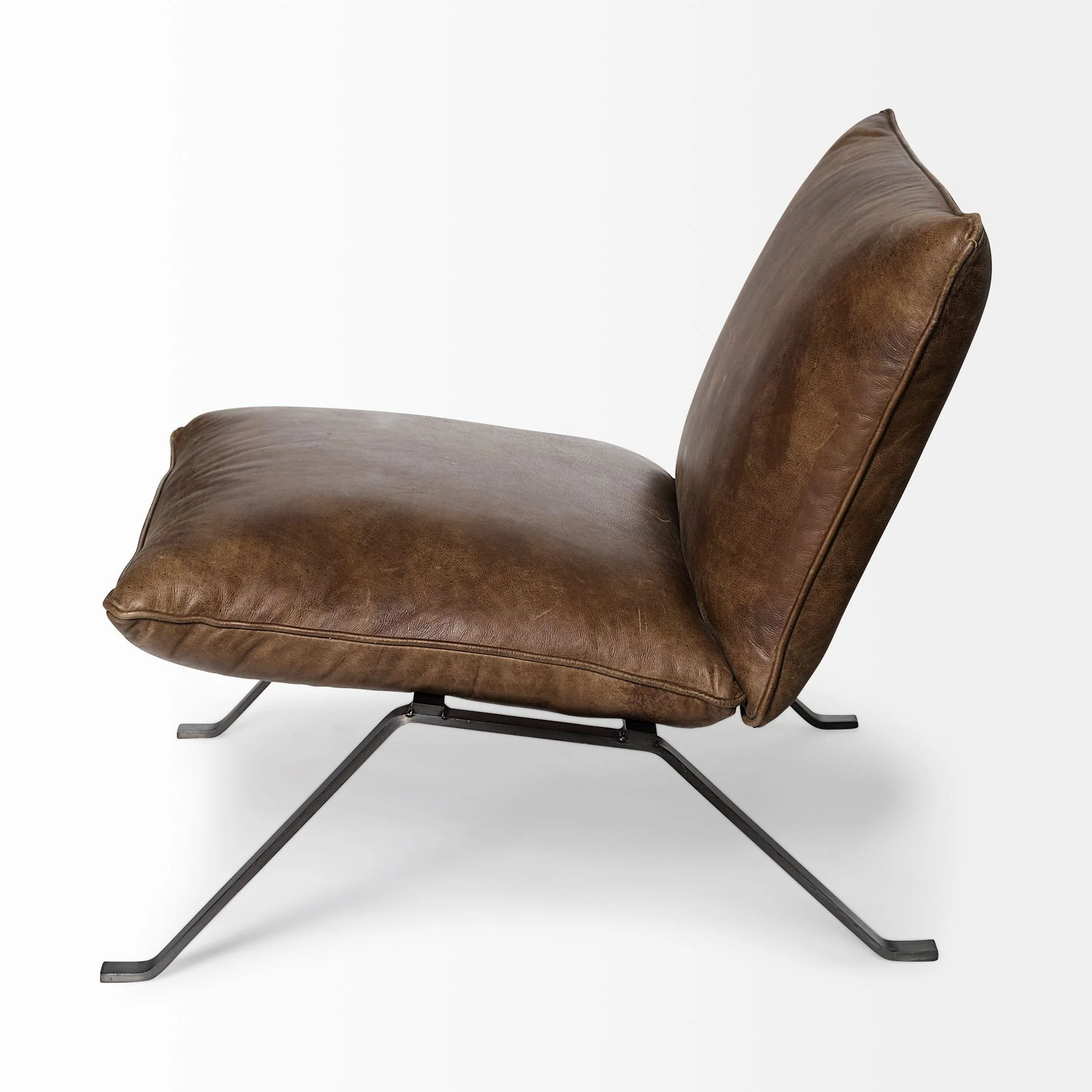 Medium Brown Leather Cushion Seat Accent Chair Solid Iron Base By Homeroots - Image 3