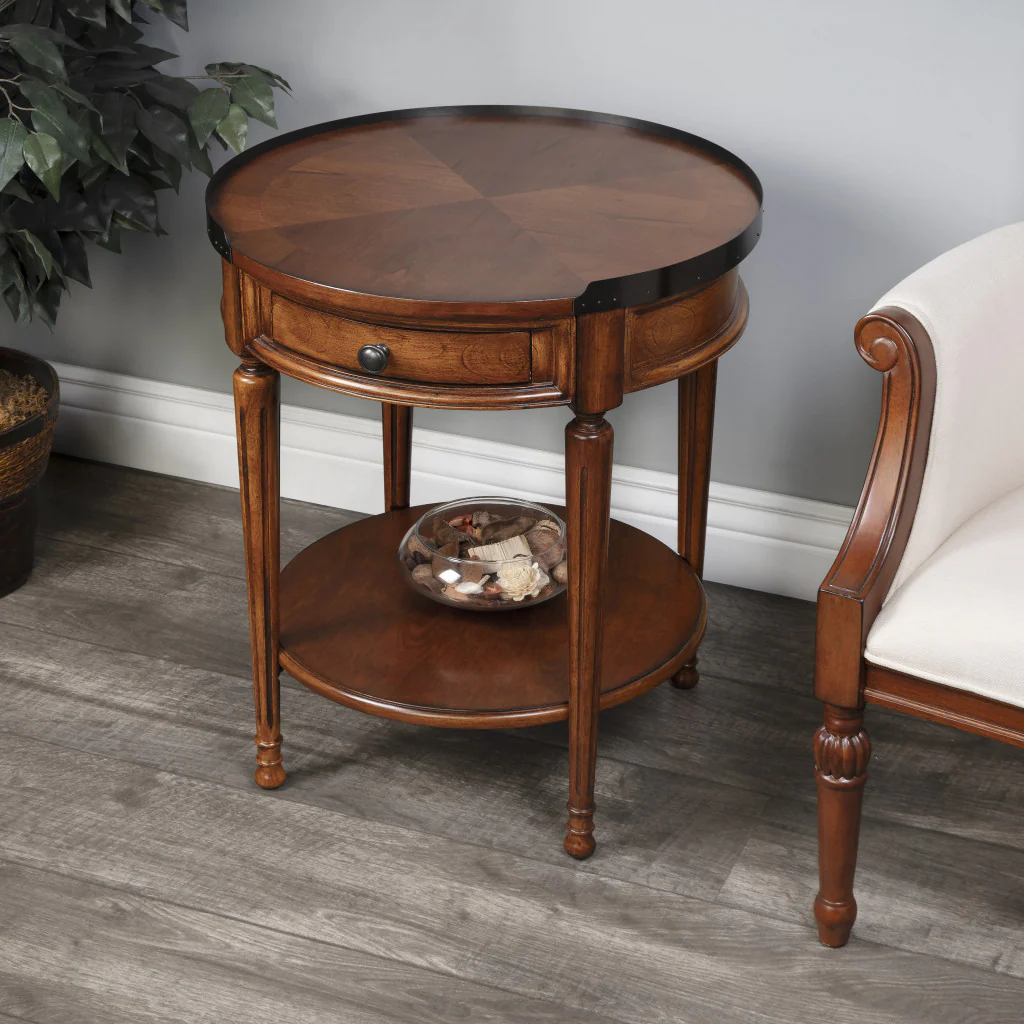 Medium Brown Manufactured Wood Round End Table With Drawer And Shelf By Homeroots - Image 8
