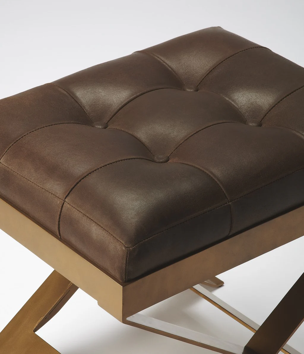 Medium Brown Tufted Leather Stool By Homeroots - Image 3