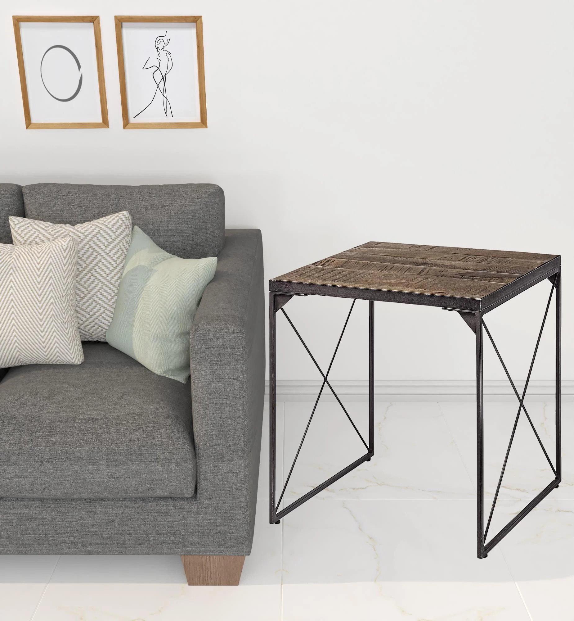 Medium Brown Wood Side Table with Square Top and Iron Cross Braced By Homeroots - Image 5