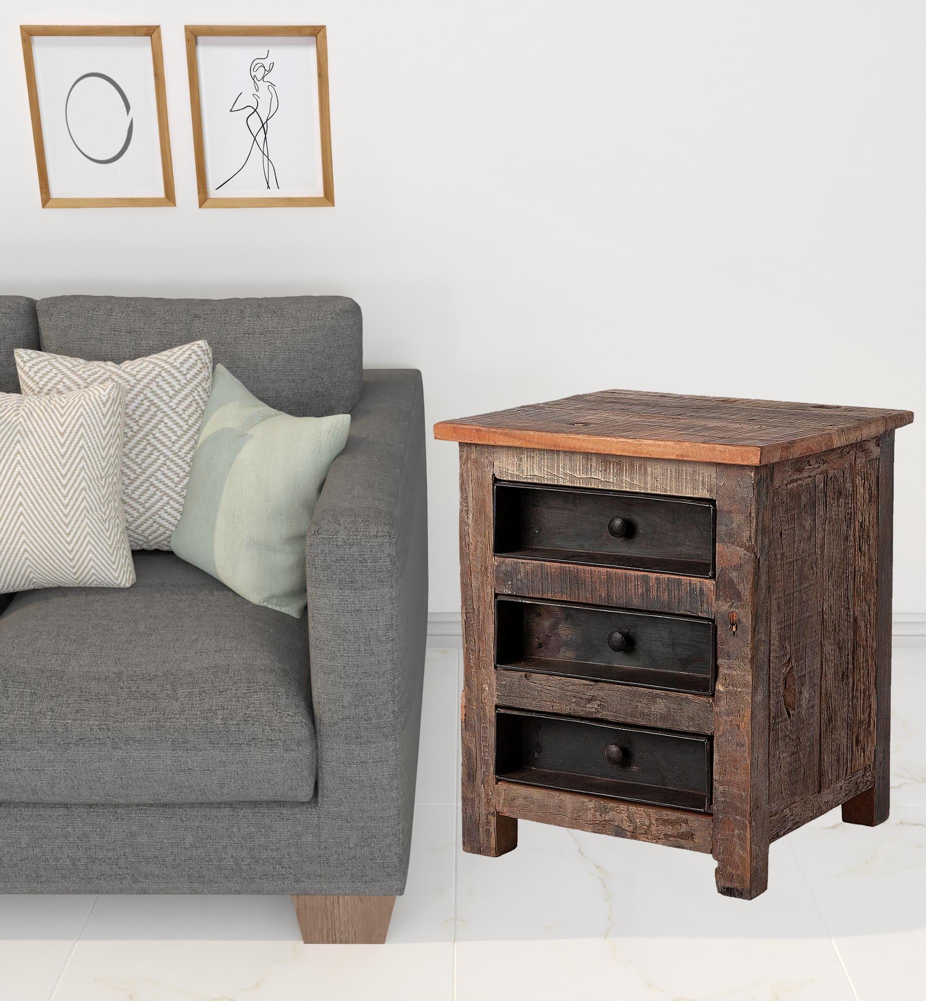 Medium Brown Wood Square Top End Table with Rustic Metal Drawers By Homeroots - Image 5