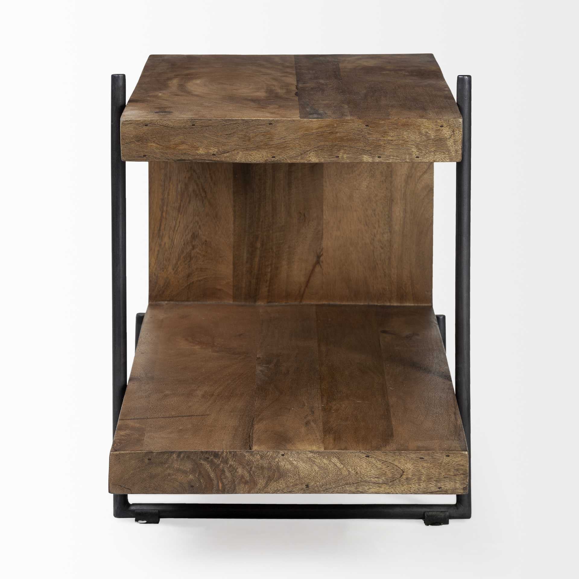 Medium Brown Wood U Shaped Side Table with Extended Storage Shelf By Homeroots - Image 3
