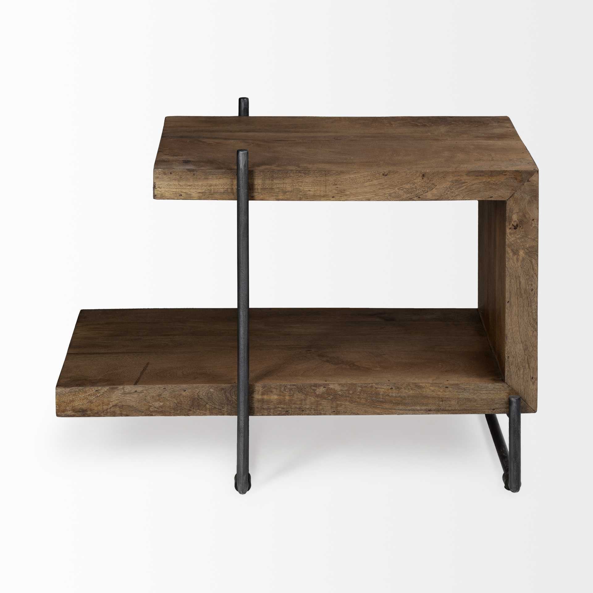 Medium Brown Wood U Shaped Side Table with Extended Storage Shelf By Homeroots - Image 4