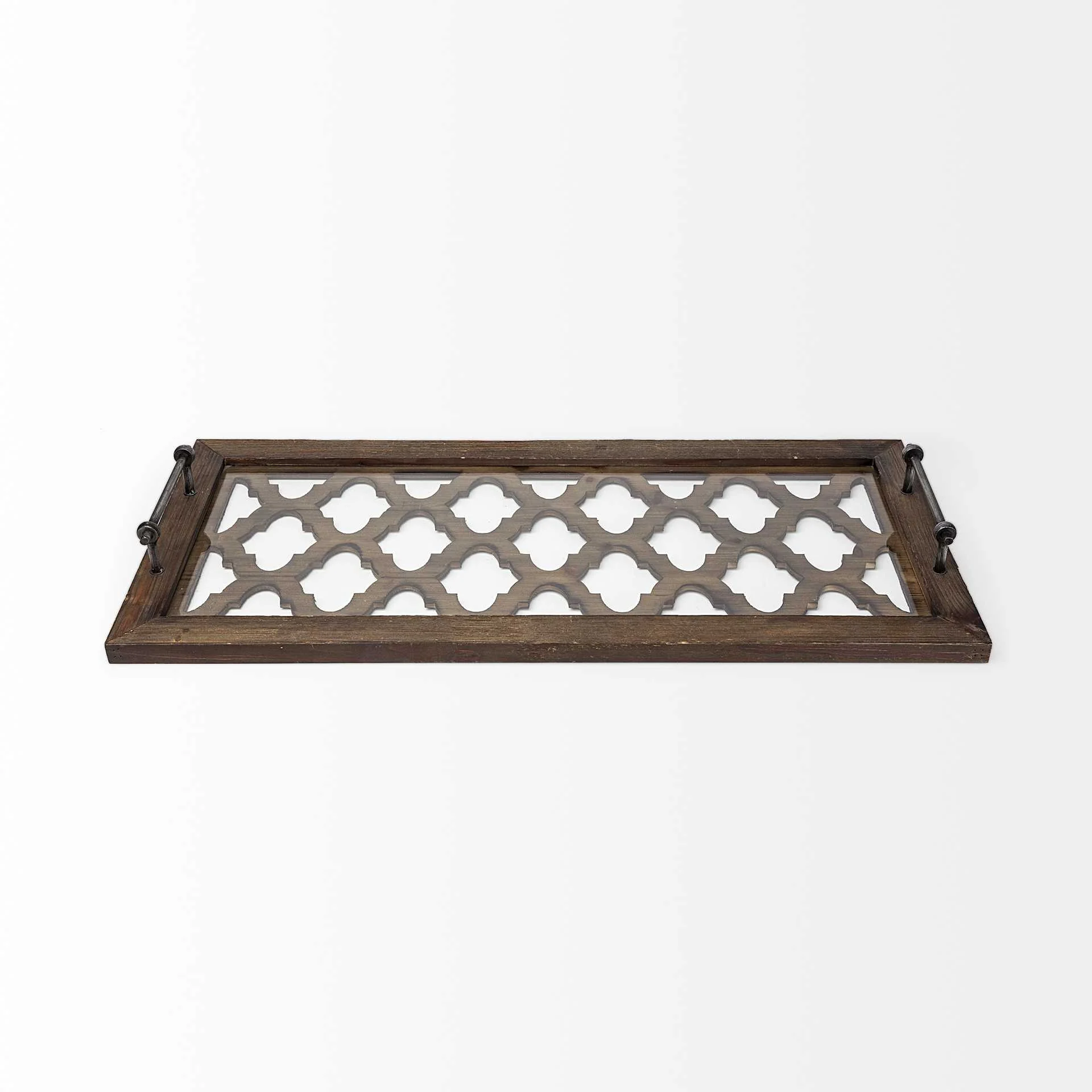 Medium Brown Wood With Metal Quatrefoil Pattern Glass Bottom Tray By Homeroots - Image 2
