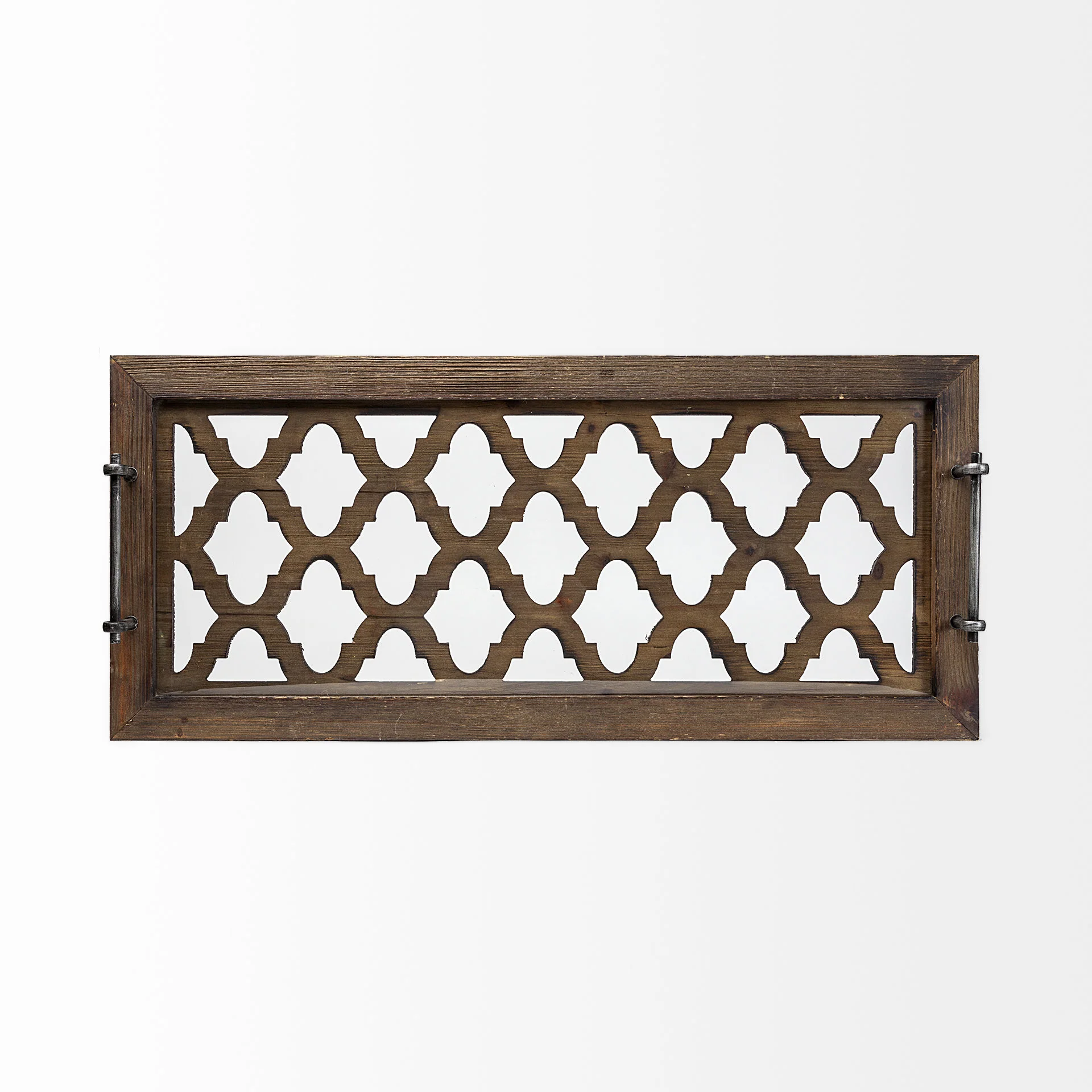 Medium Brown Wood With Metal Quatrefoil Pattern Glass Bottom Tray By Homeroots - Image 3