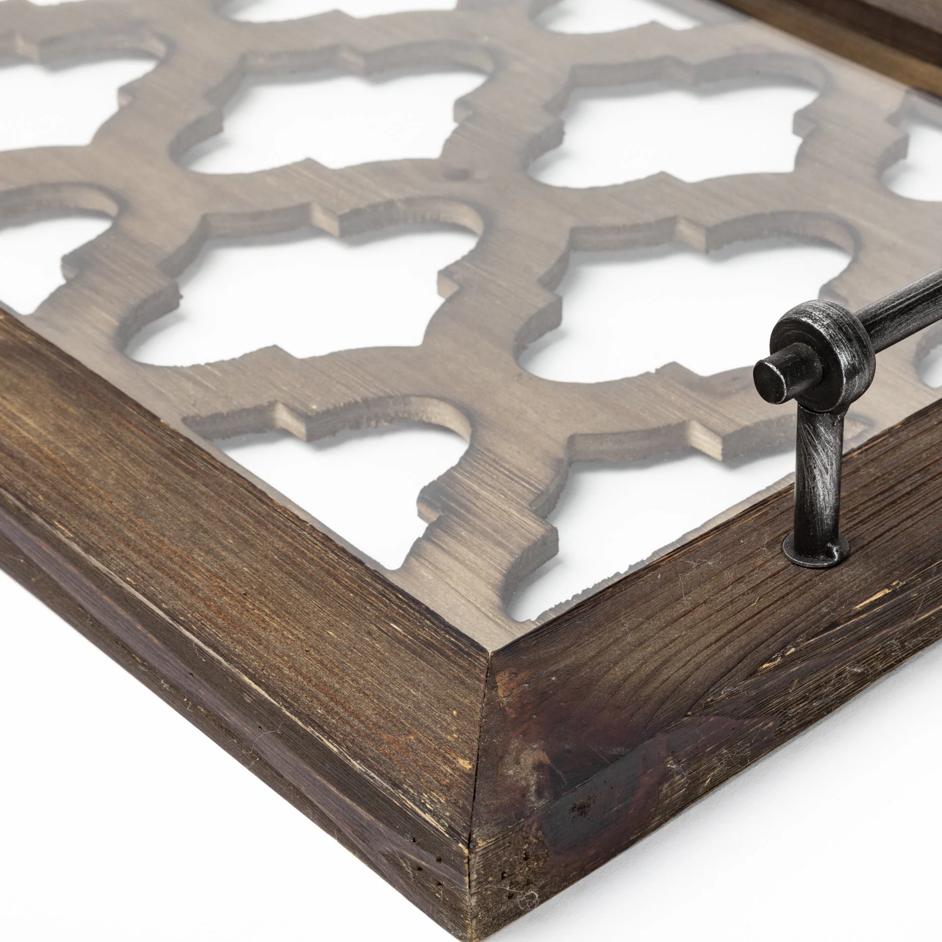 Medium Brown Wood With Metal Quatrefoil Pattern Glass Bottom Tray By Homeroots - Image 4