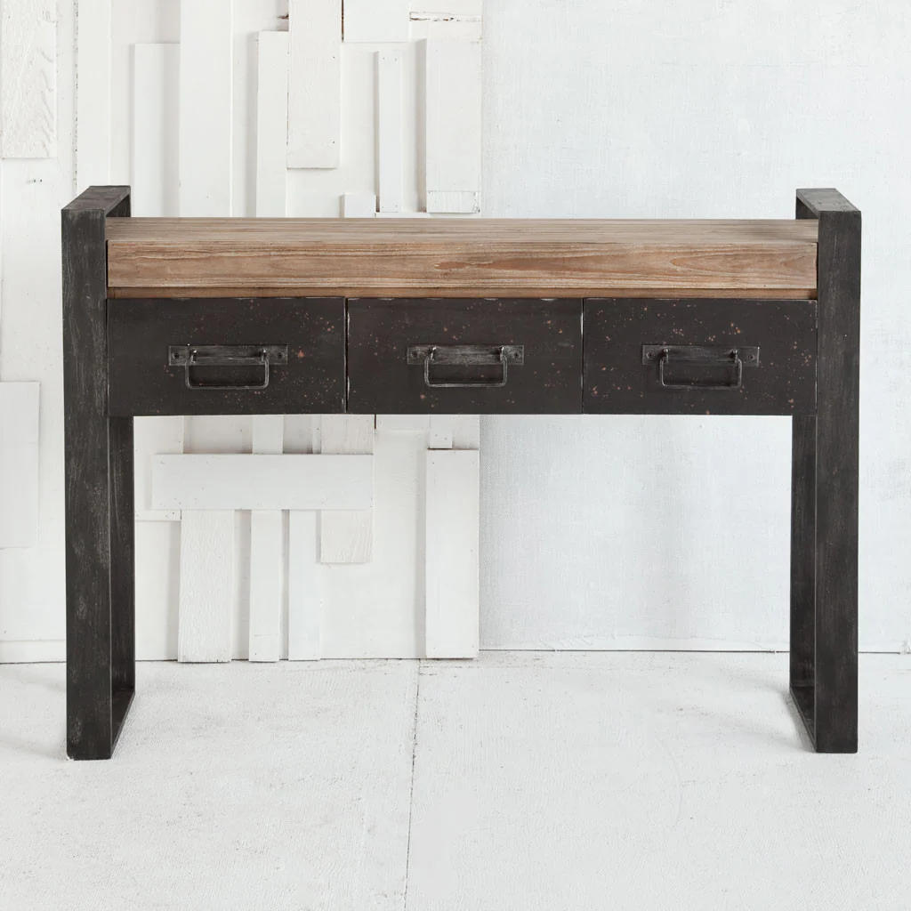 Medium Brown Wooden Console Table With Black Metal Frame And 3 Storage Drawers By Homeroots - Image 4