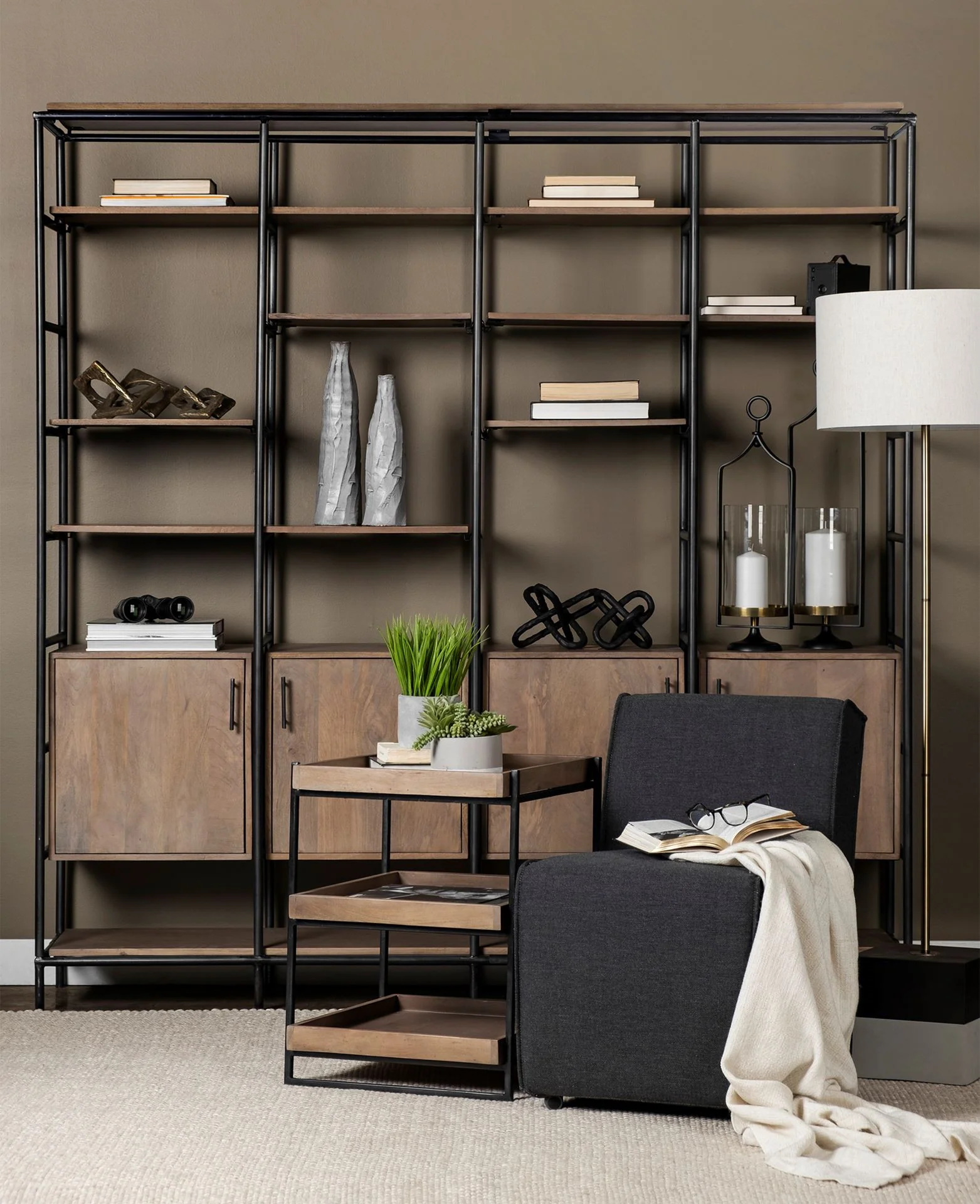 Medium Brown Wooden Square Top Side Table with Three-Tiered Black Iron Frame By Homeroots - Image 4