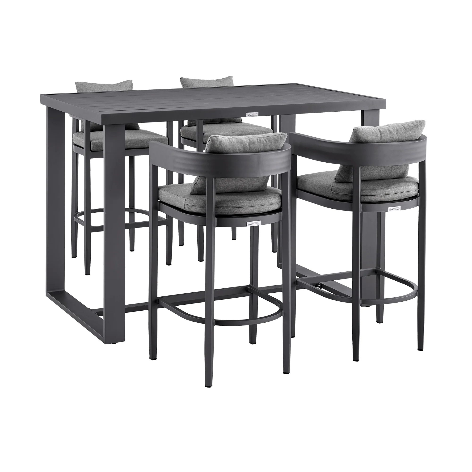 Menorca Outdoor Patio 5-Piece Bar Table Set in Aluminum with Gray Cushions By Armen Living - Image 2