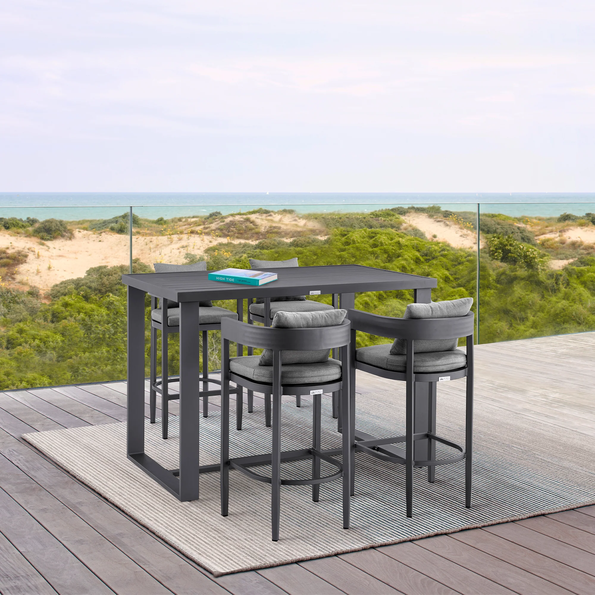 Menorca Outdoor Patio Counter Height Bar Stool in Aluminum with Gray Cushions By Armen Living - Image 2