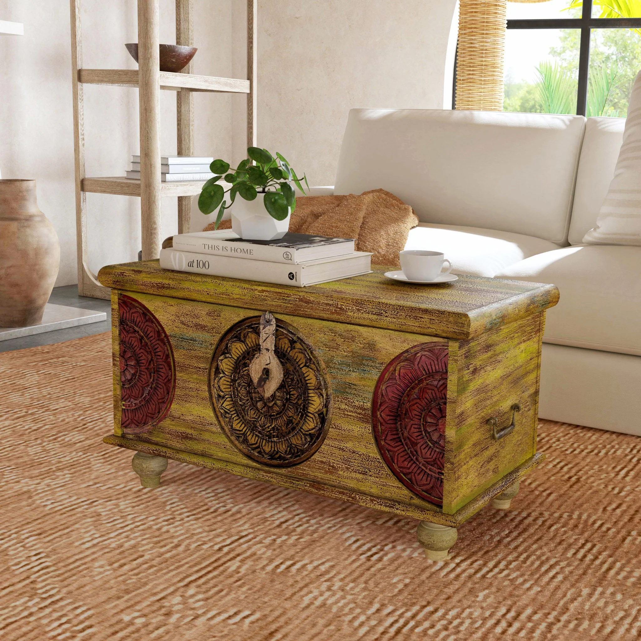 Mesa Carved Wooden Trunk Coffee Table By Homeroots - Image 6