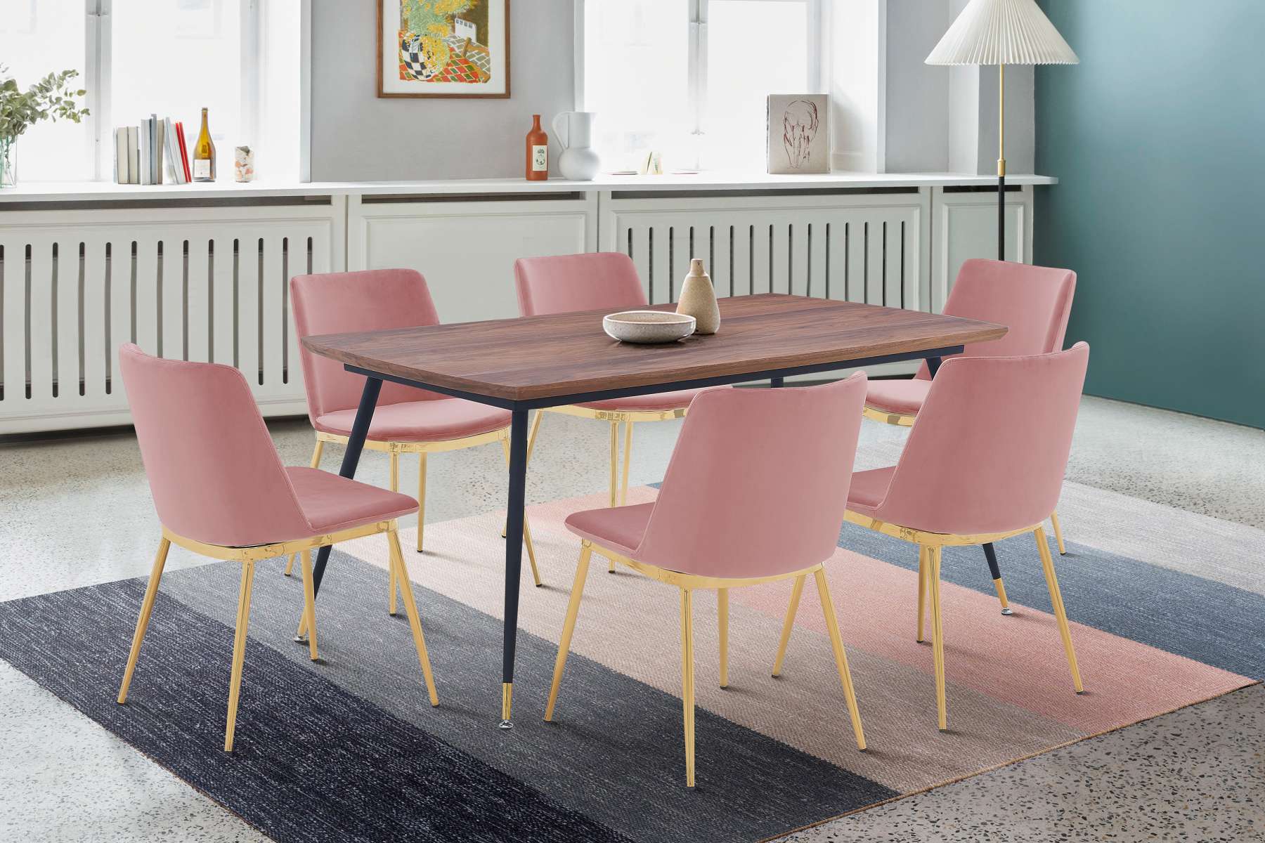 Messina Pink Velvet 7 Piece Rectangular Dining Set By Armen Living - Image 2
