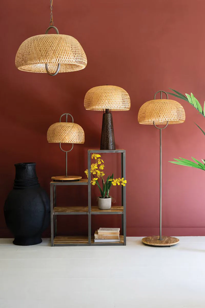 Metal And Wood Table Lamp With Woven Cane Lamp Shade By Kalalou - Image 3