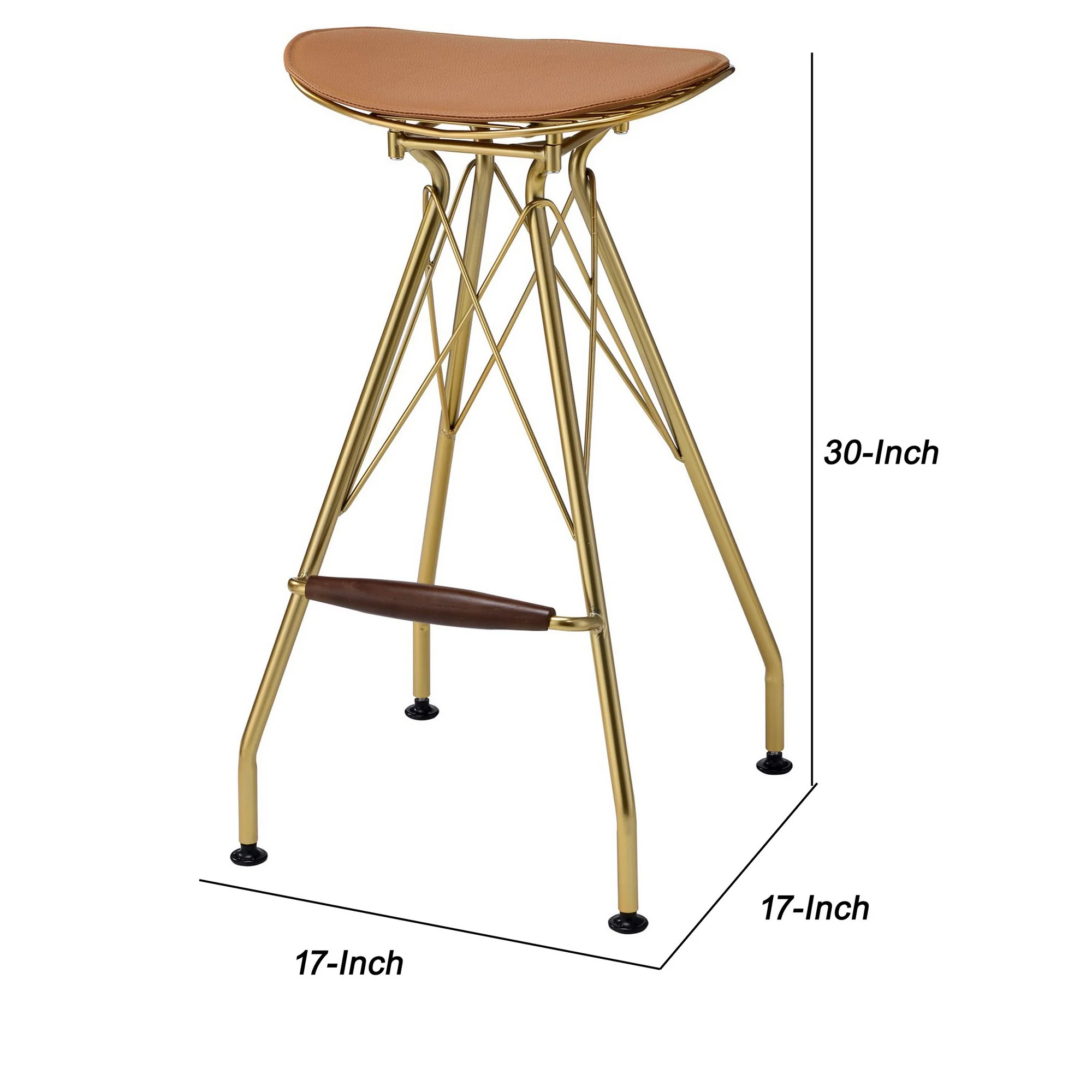 Metal Backless Barstool with Flared legs and Braces Support, Set of 2, Gold By Benzara - Image 2