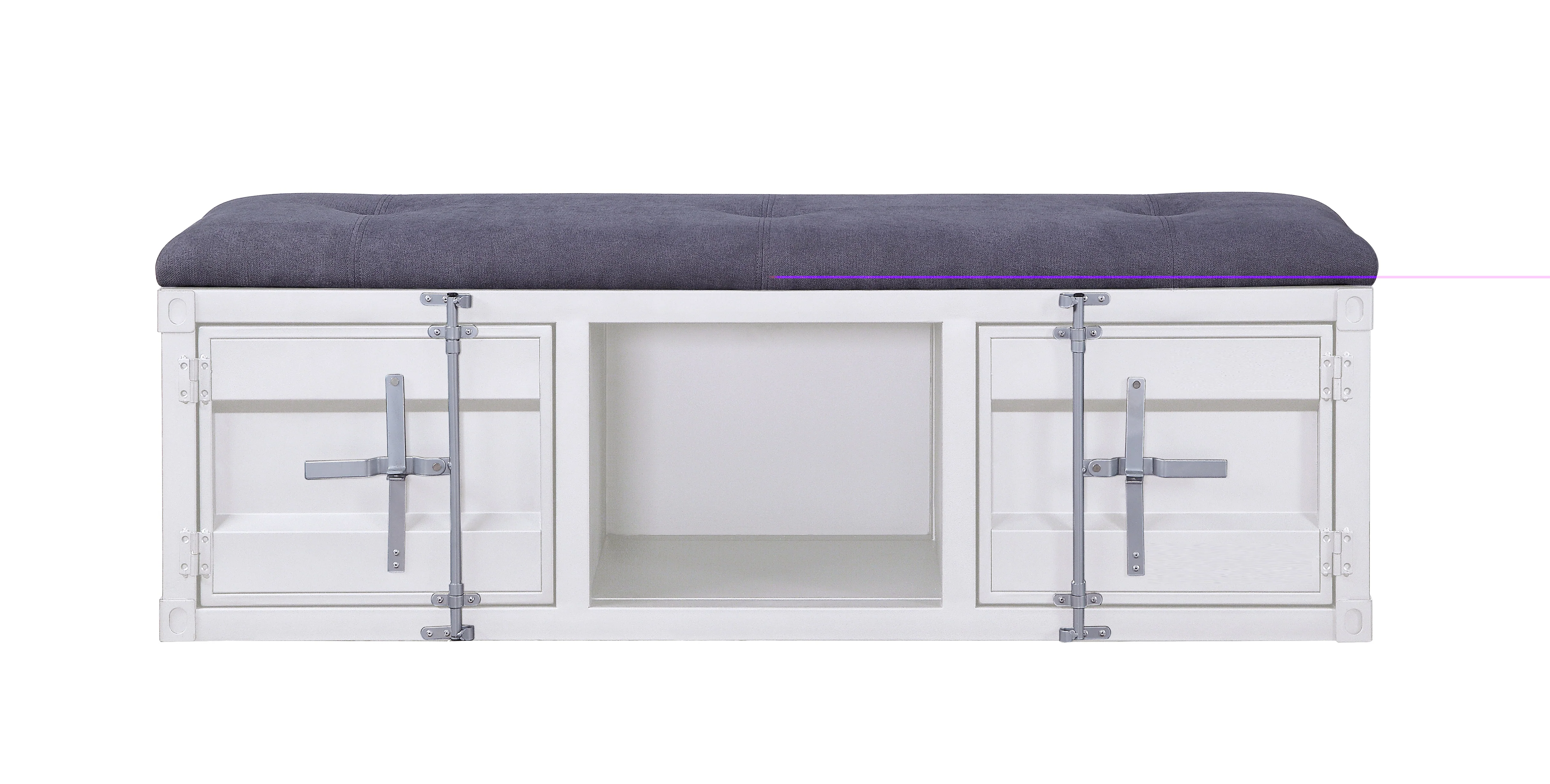 Metal Bench with Open Storage and Tufted Fabric Seat, White and Gray By Benzara - Image 2