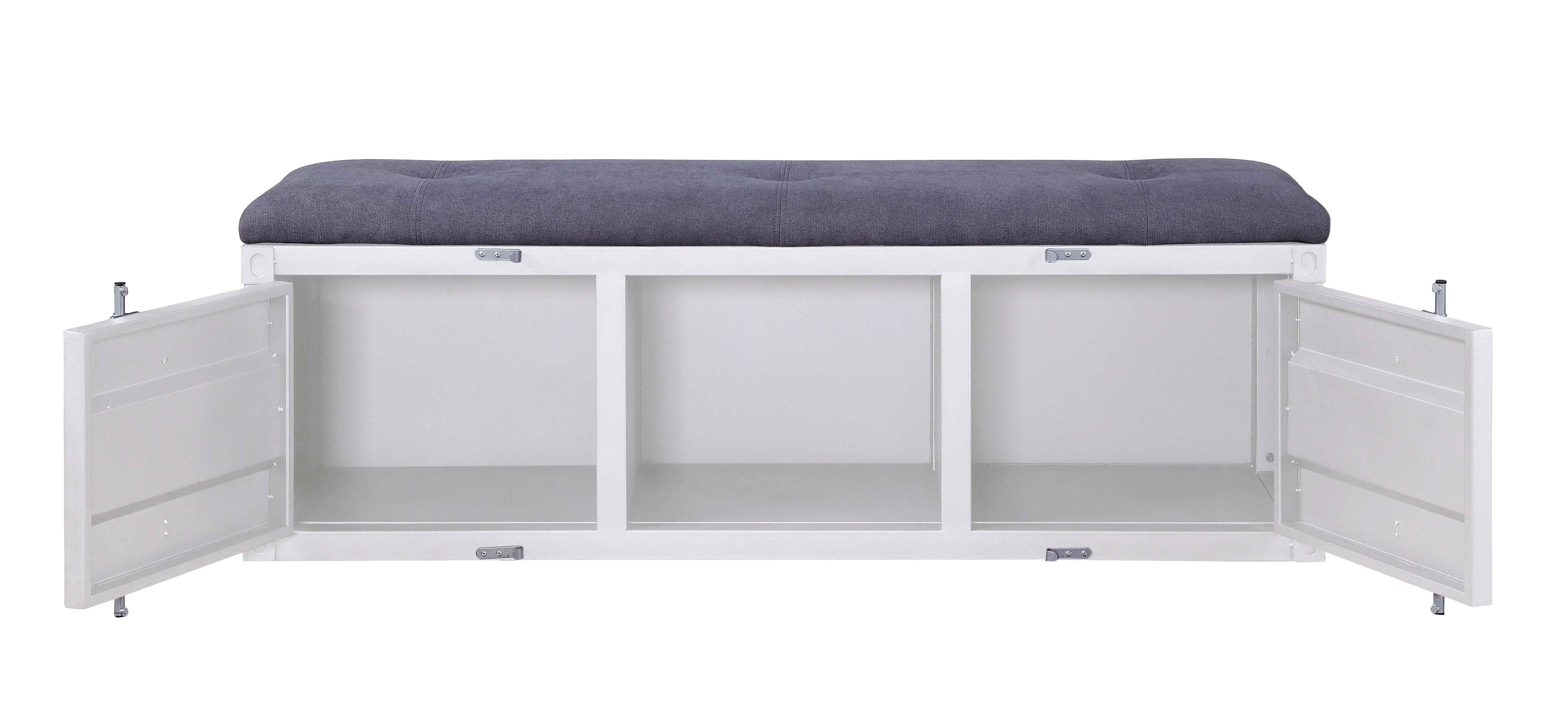 Metal Bench with Open Storage and Tufted Fabric Seat, White and Gray By Benzara - Image 3