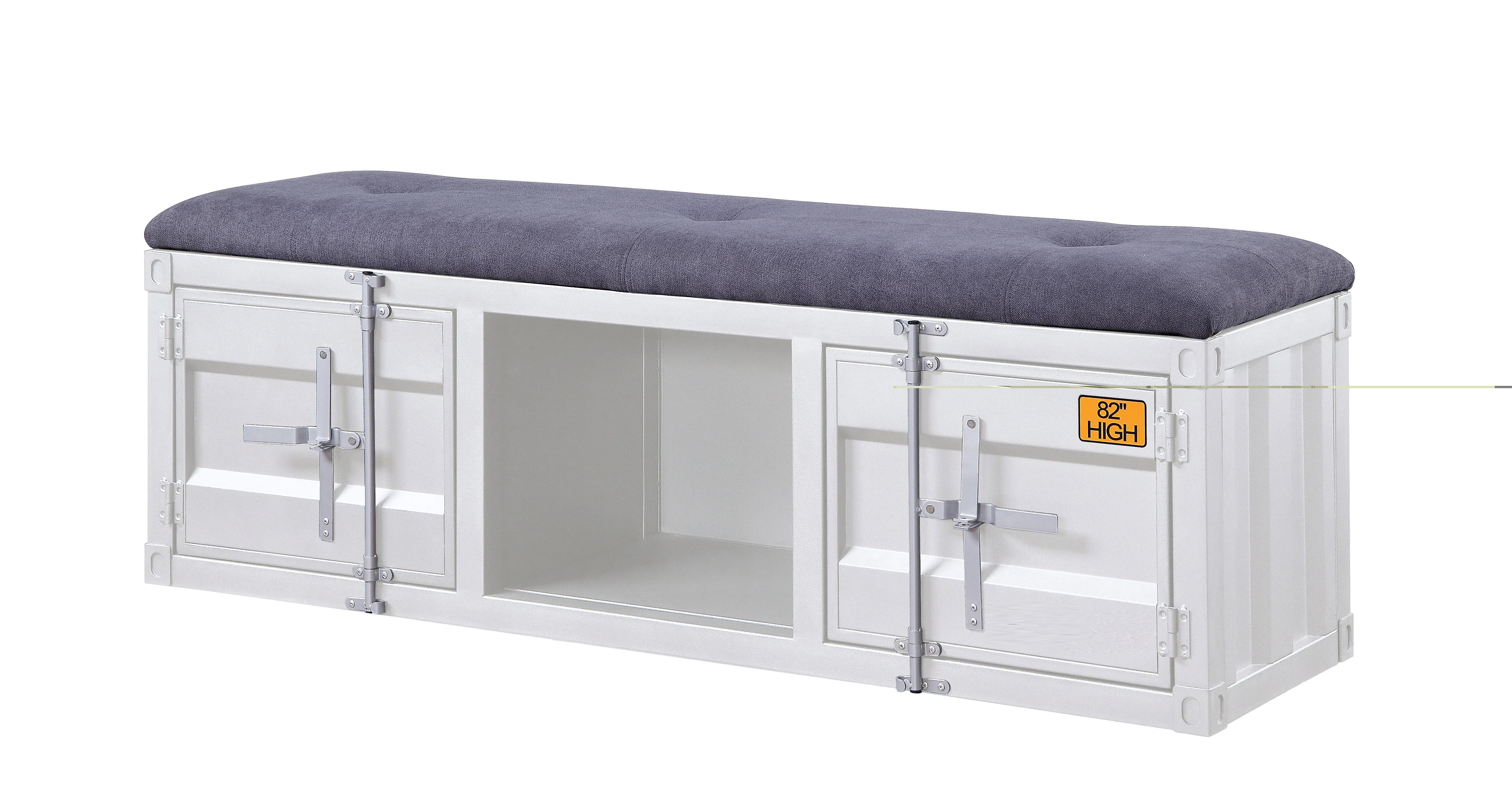 Metal Bench with Open Storage and Tufted Fabric Seat, White and Gray By Benzara - Image 4