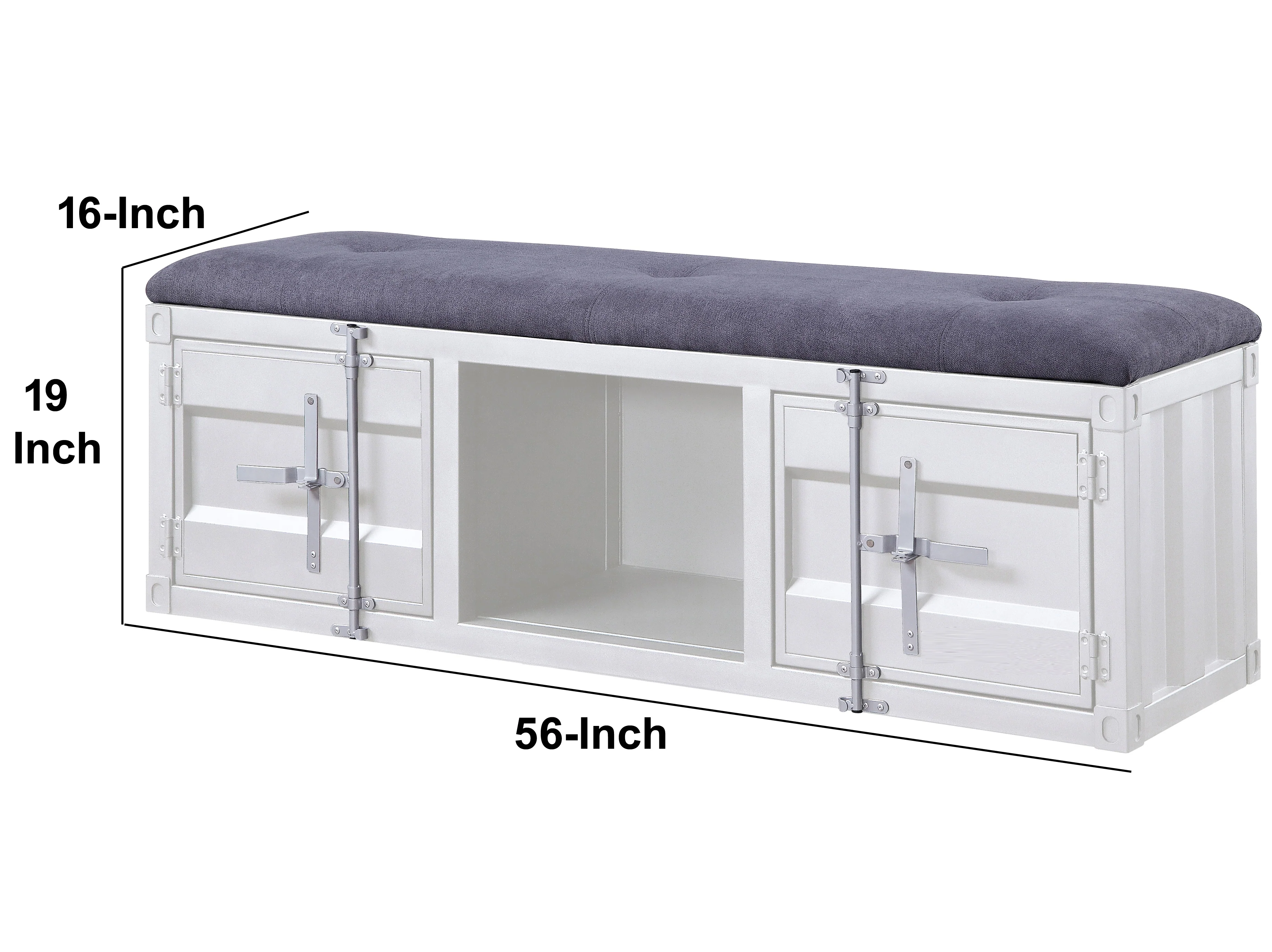 Metal Bench with Open Storage and Tufted Fabric Seat, White and Gray By Benzara - Image 5