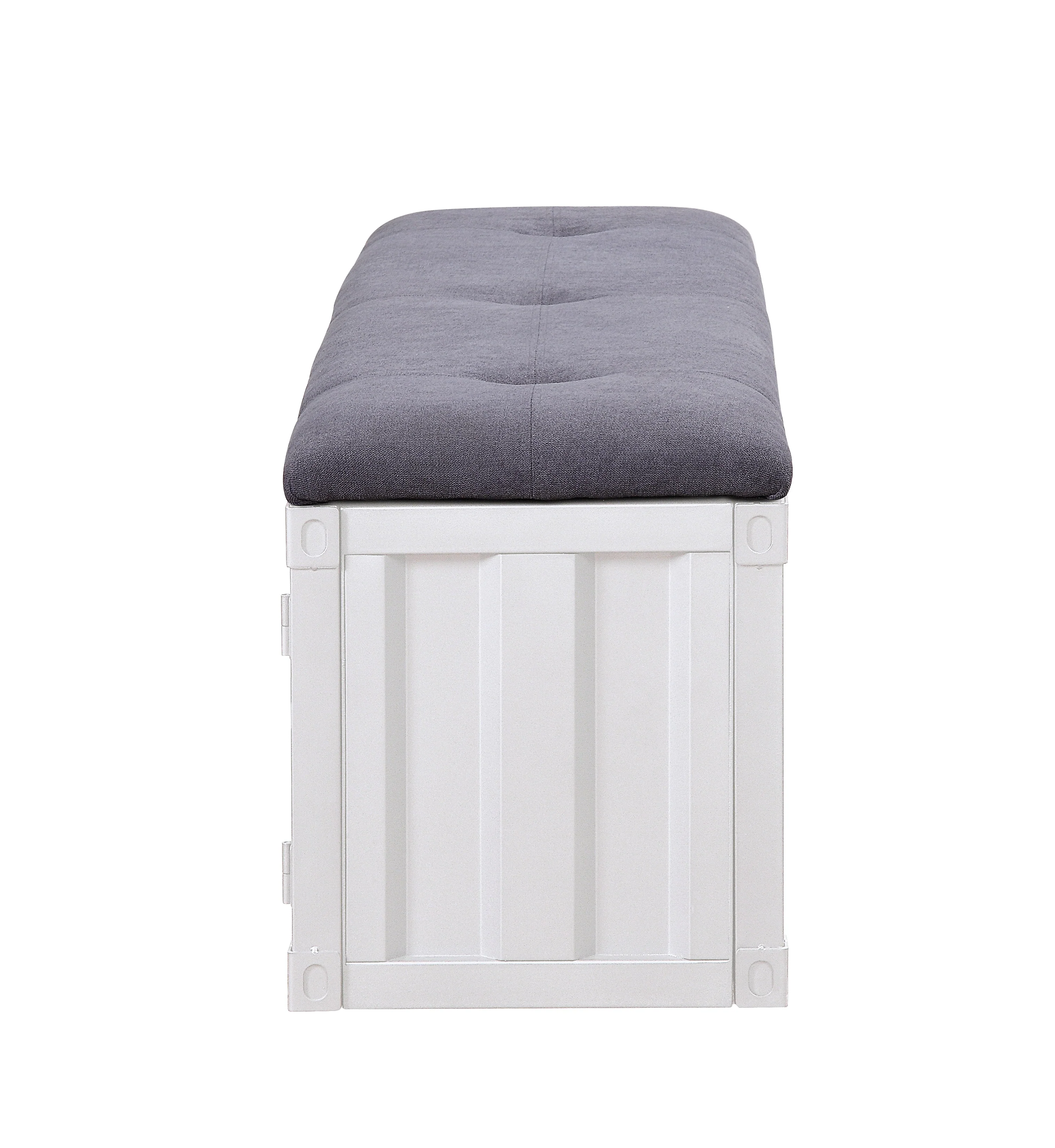 Metal Bench with Open Storage and Tufted Fabric Seat, White and Gray By Benzara - Image 6