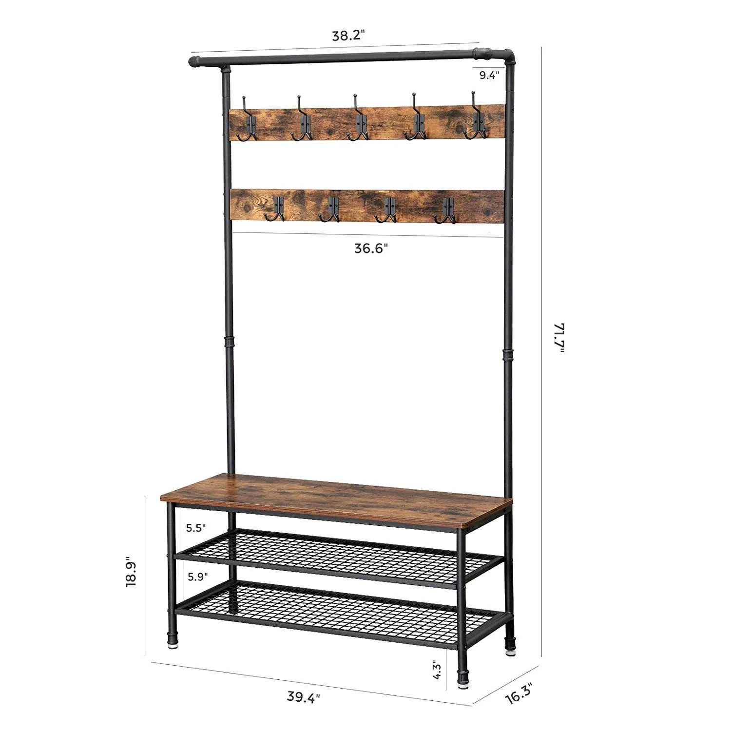 Metal Coat Rack With Wooden Bench And Two Wire Meshed Shelves, Brown And Black By Benzara - Image 2