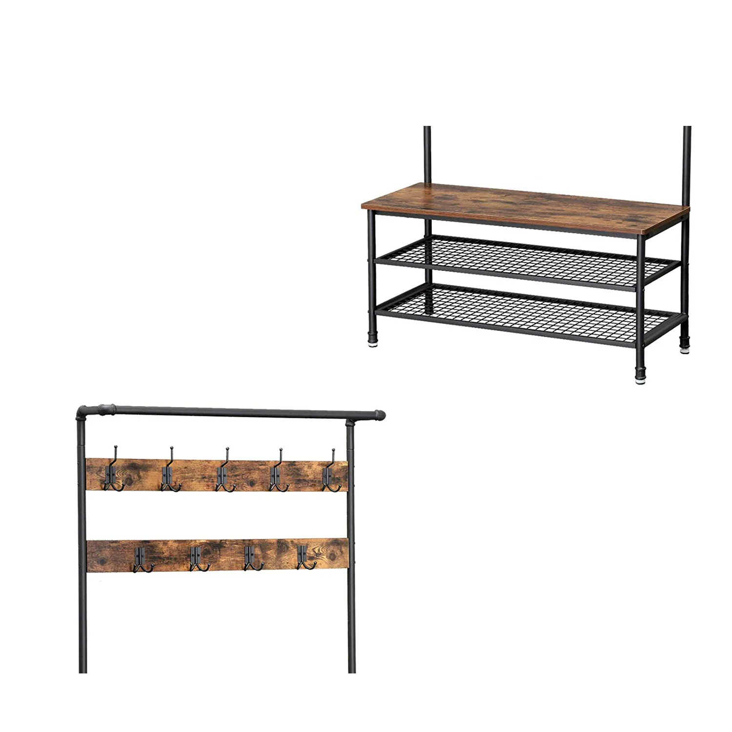 Metal Coat Rack With Wooden Bench And Two Wire Meshed Shelves, Brown And Black By Benzara - Image 3
