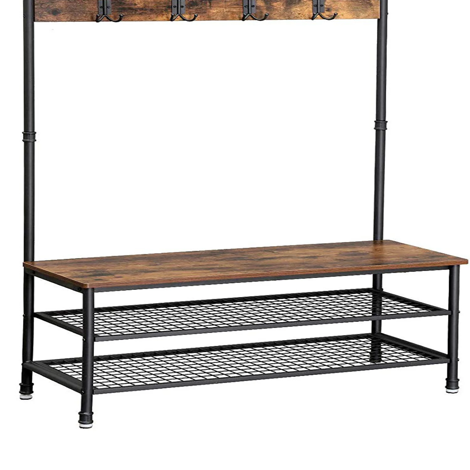 Metal Coat Rack With Wooden Bench And Two Wire Meshed Shelves, Brown And Black By Benzara - Image 4