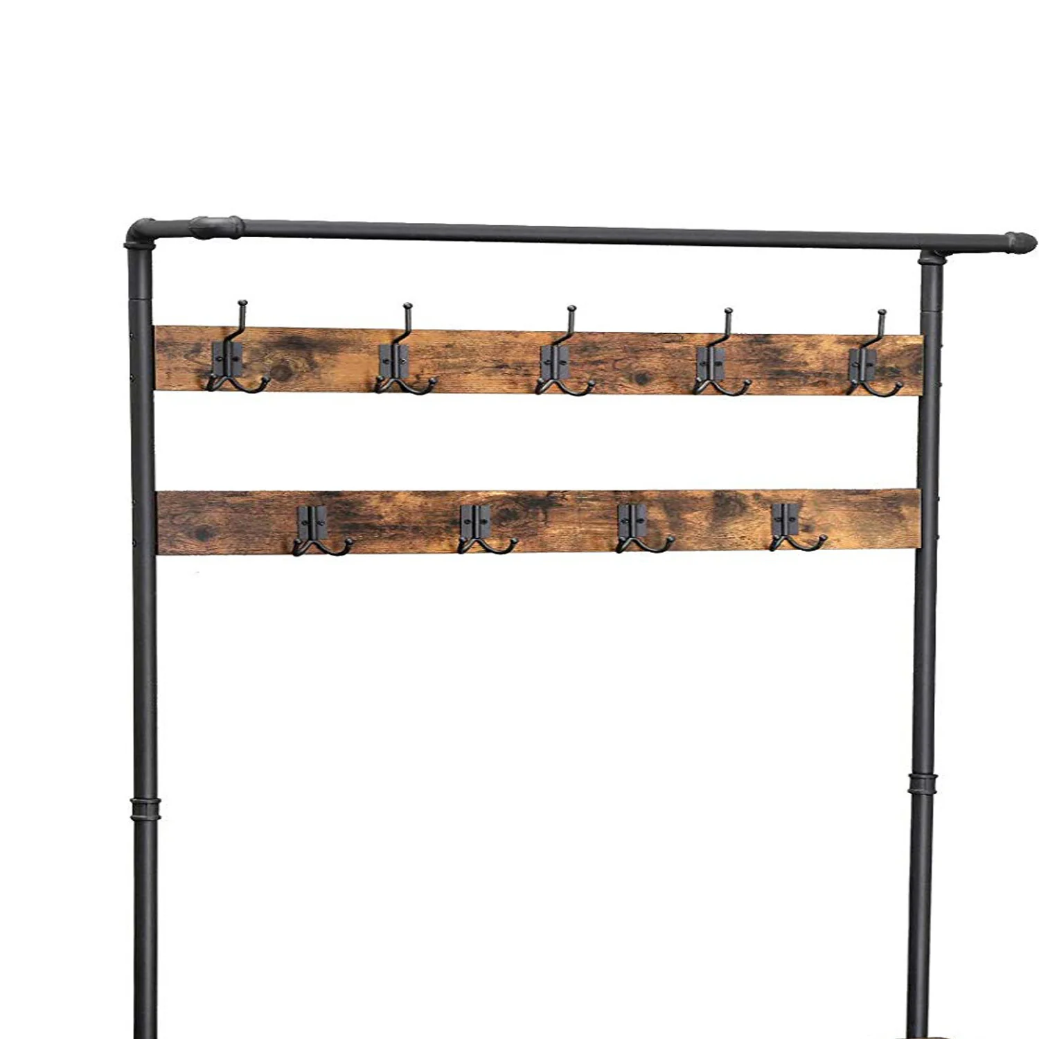 Metal Coat Rack With Wooden Bench And Two Wire Meshed Shelves, Brown And Black By Benzara - Image 5