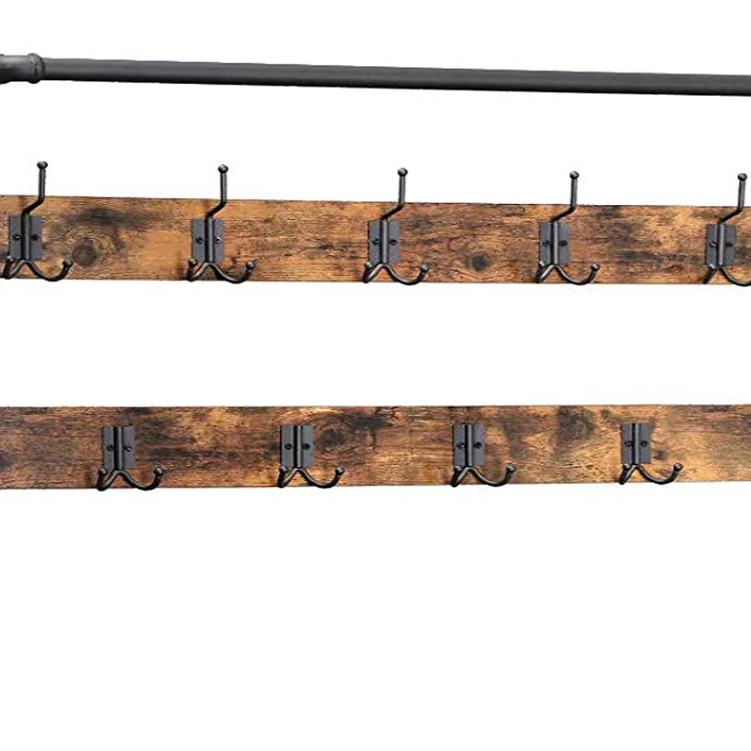 Metal Coat Rack With Wooden Bench And Two Wire Meshed Shelves, Brown And Black By Benzara - Image 6