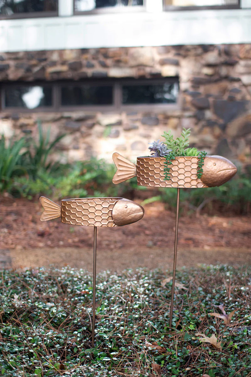 Metal Fish Planter Yard Stakes Copper Finish Set Of 2 By Kalalou - Image 3
