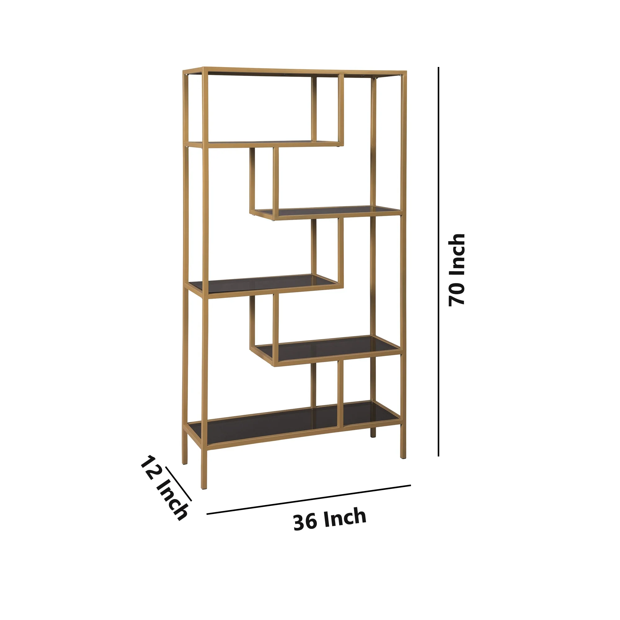 Metal Frame Bookcase with 5 Tiered Display Glass Shelves, Gold and Black By Benzara - Image 2