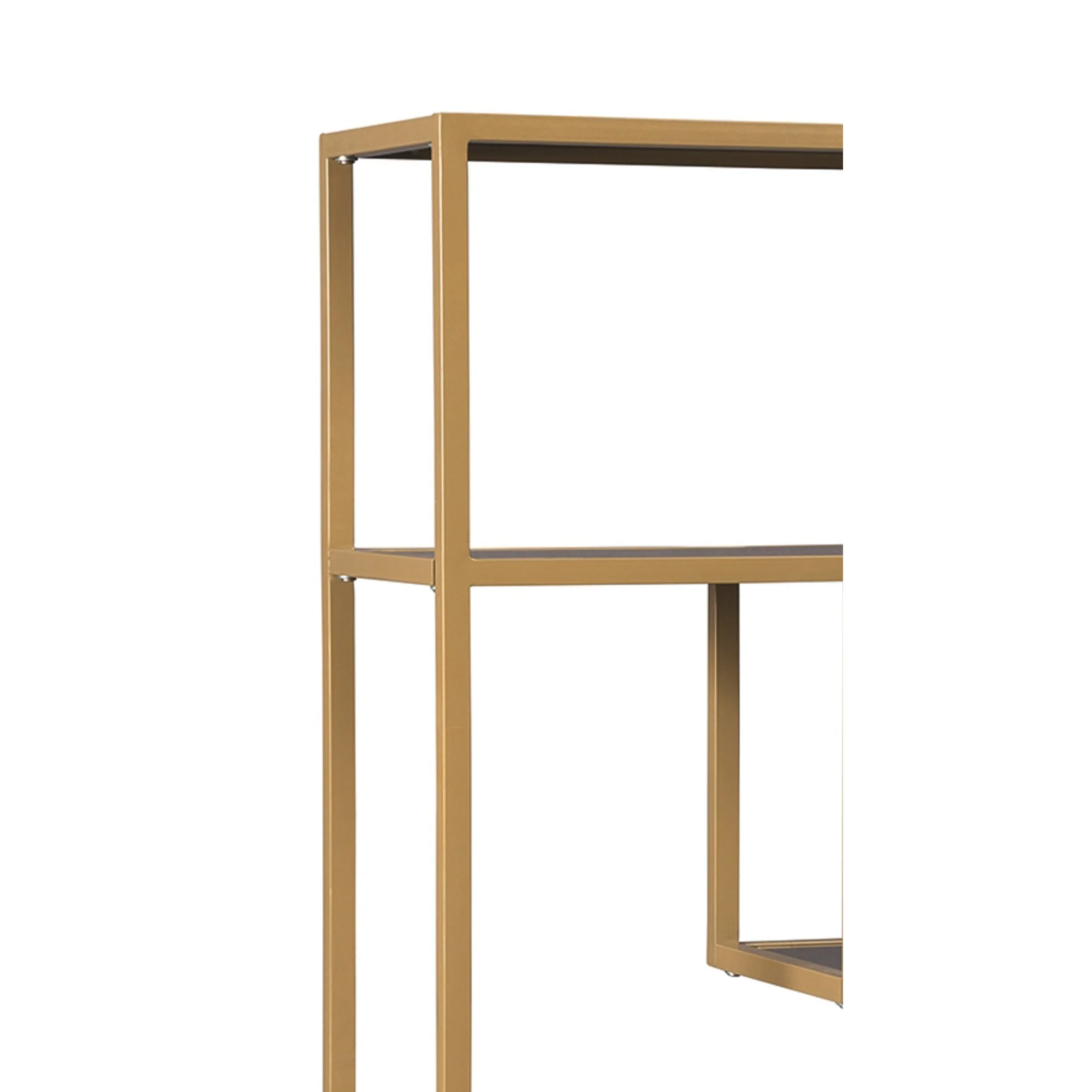 Metal Frame Bookcase with 5 Tiered Display Glass Shelves, Gold and Black By Benzara - Image 3
