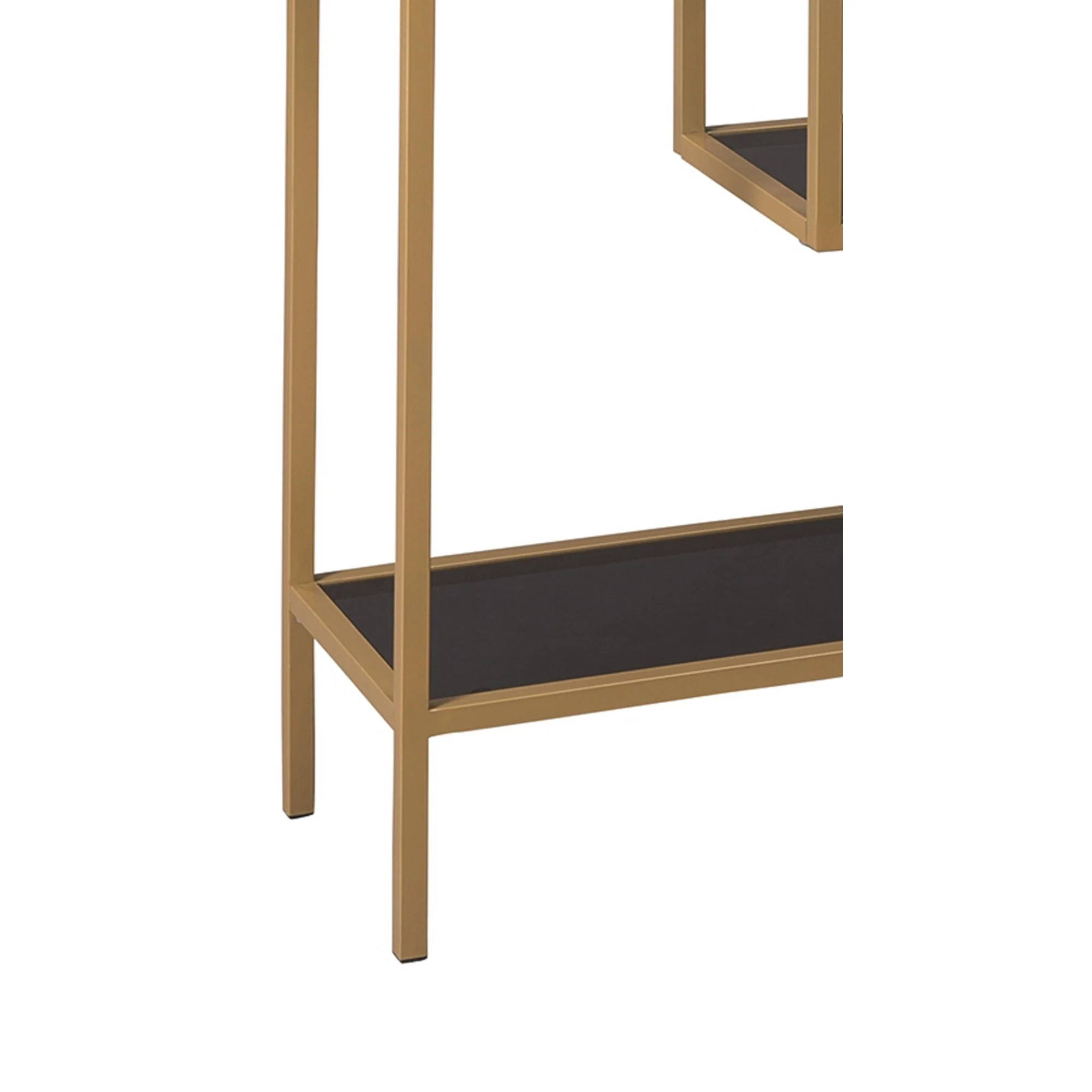 Metal Frame Bookcase with 5 Tiered Display Glass Shelves, Gold and Black By Benzara - Image 4