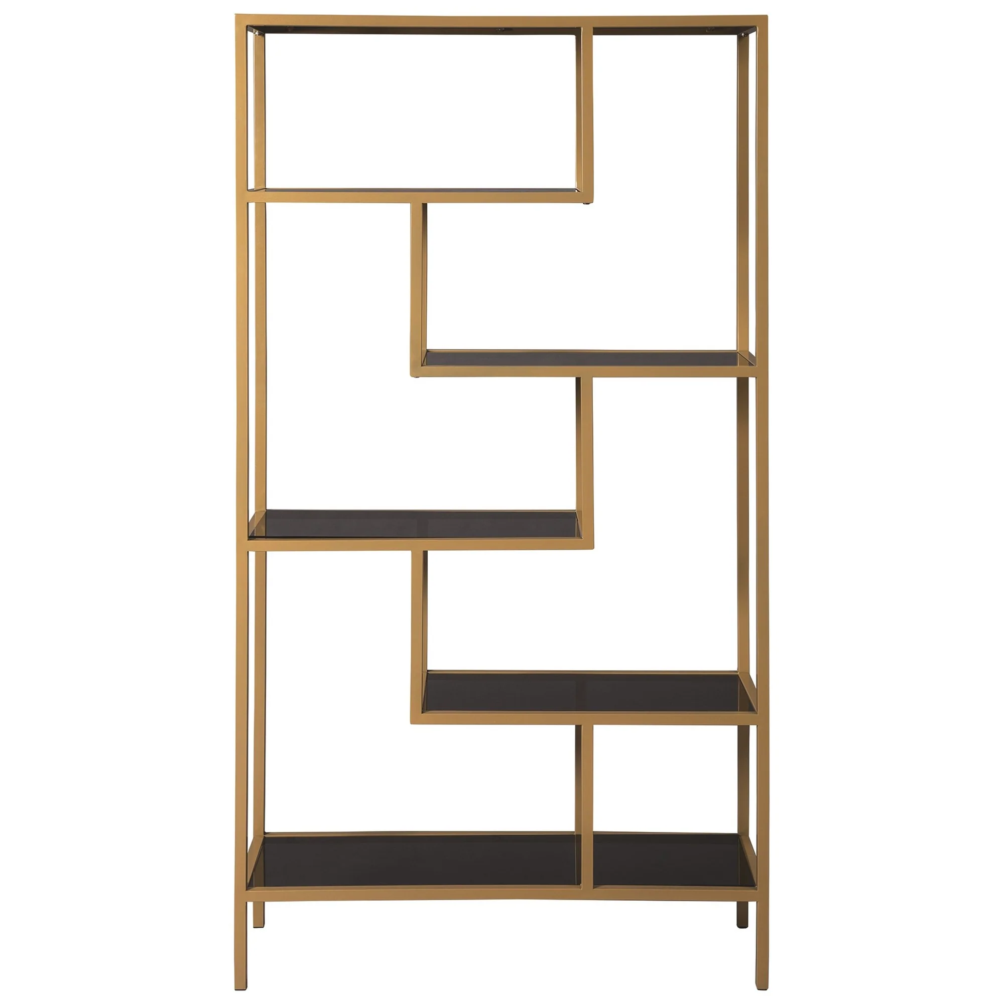 Metal Frame Bookcase with 5 Tiered Display Glass Shelves, Gold and Black By Benzara - Image 5