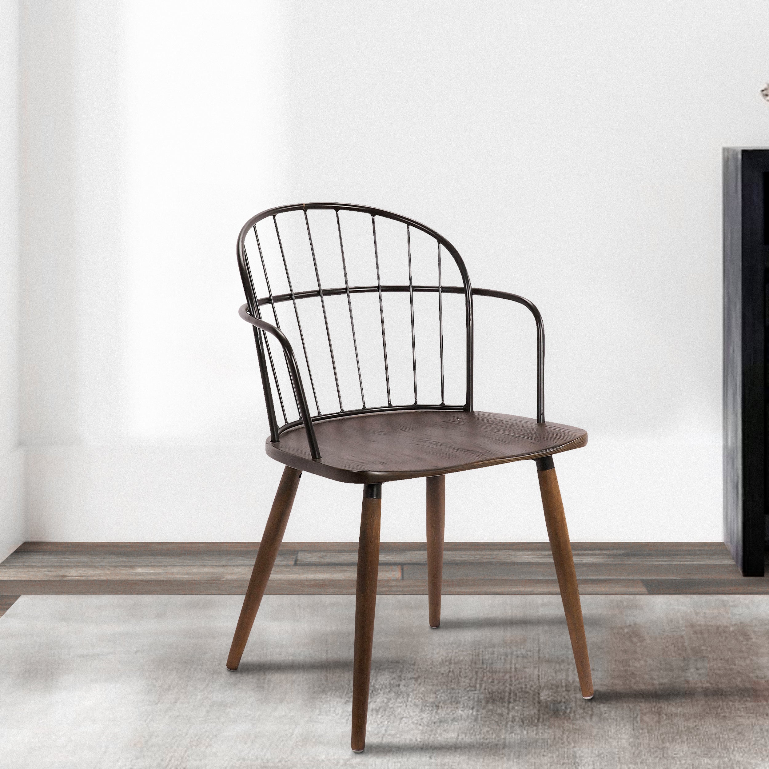 Metal Frame Side Chair with Open Backrest, Black and Brown By Benzara - Image 7