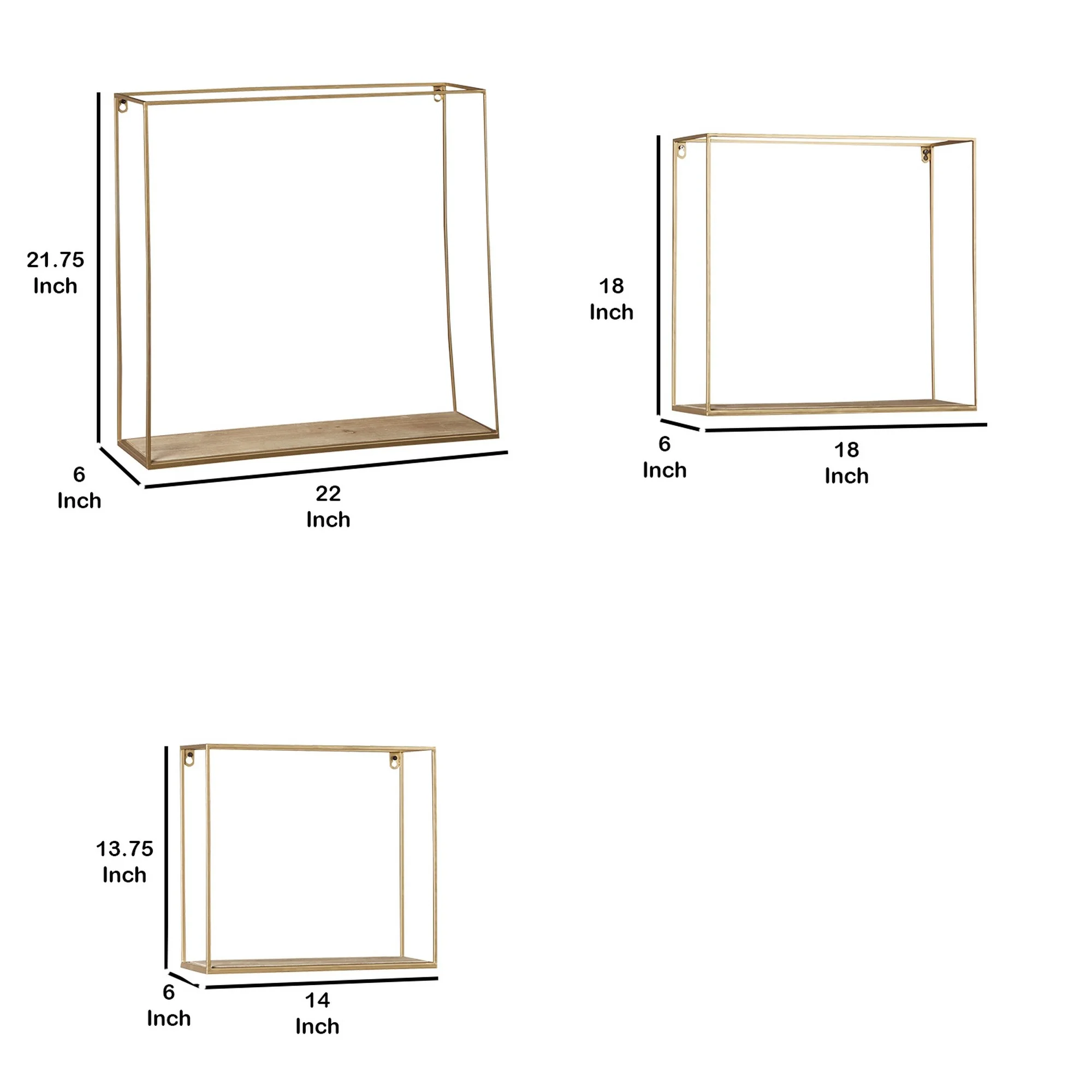 Metal Frame Wall Shelf With Keyhole Hanger Set Of 3 Gold By Benzara - Image 5